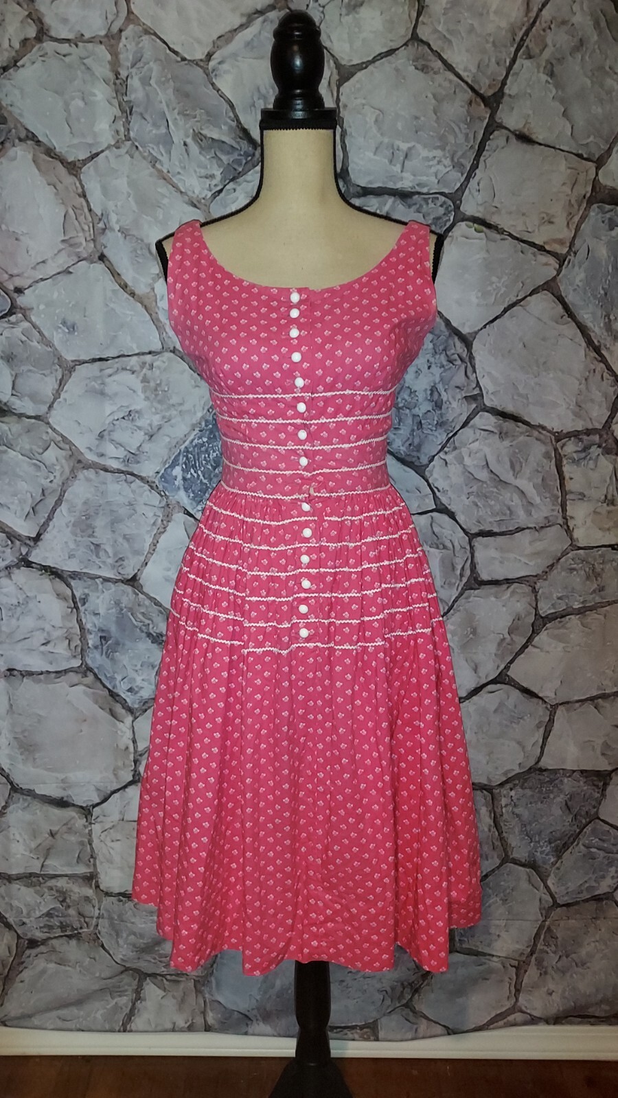 Vintage 50’s Lanz Originals Floral Print Dress Cotton Lace Button Pockets Small