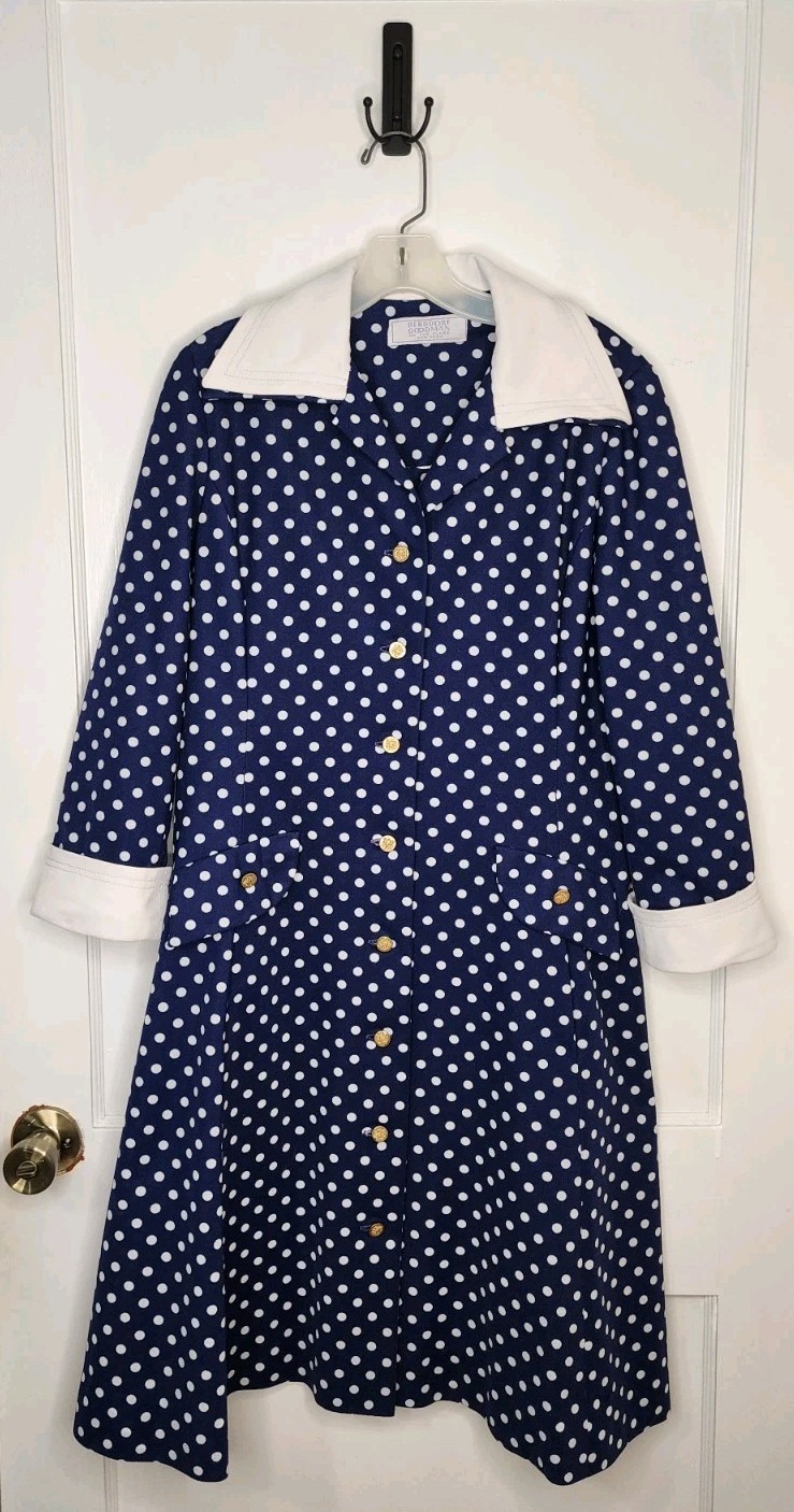 Sz Medium Bergdorf Goodman Blue Polka Dot Dress Polyester Gold Buttons