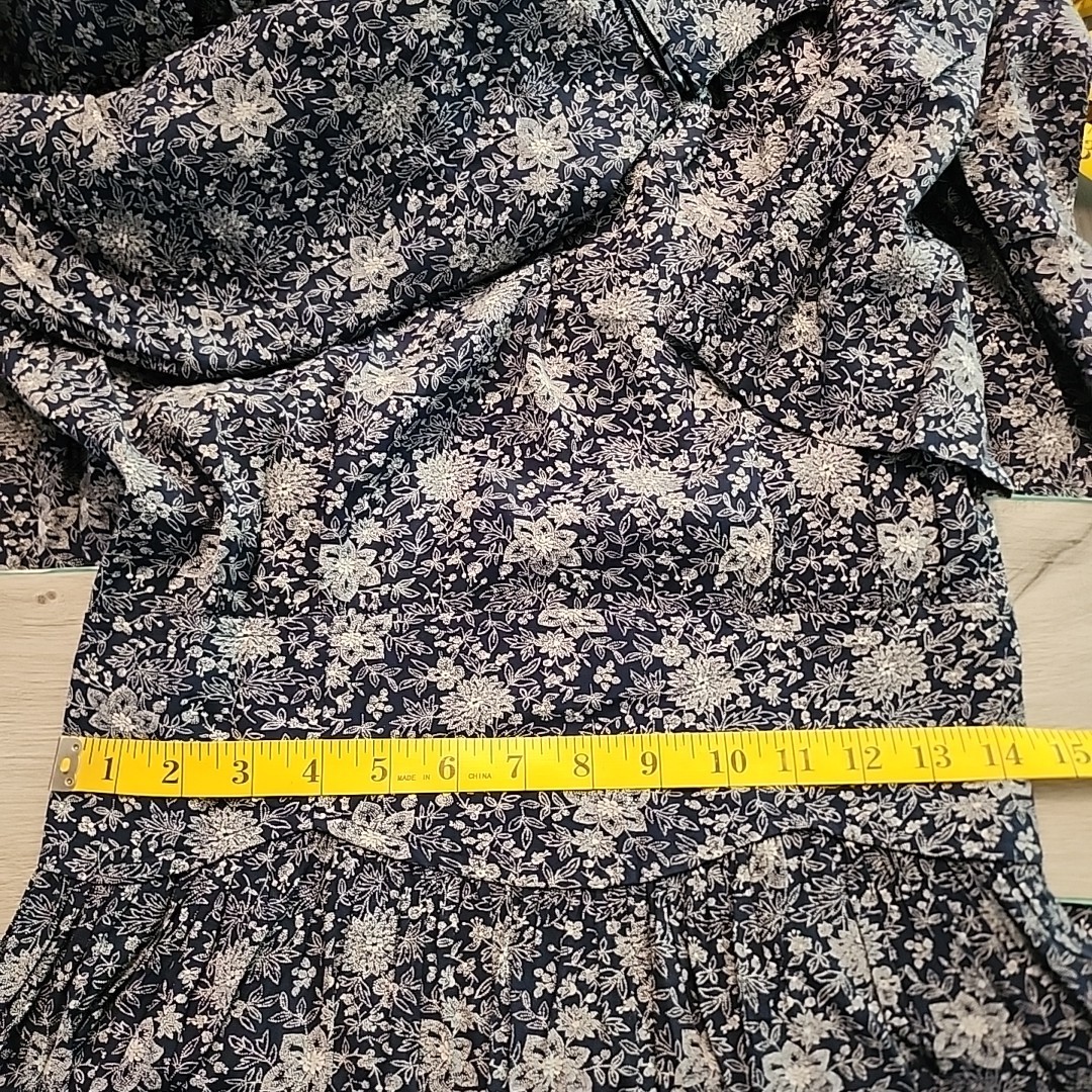 Vintage Women’s Dress 80s Blue White Floral Print Fit & Flare Sz 14 Peasant