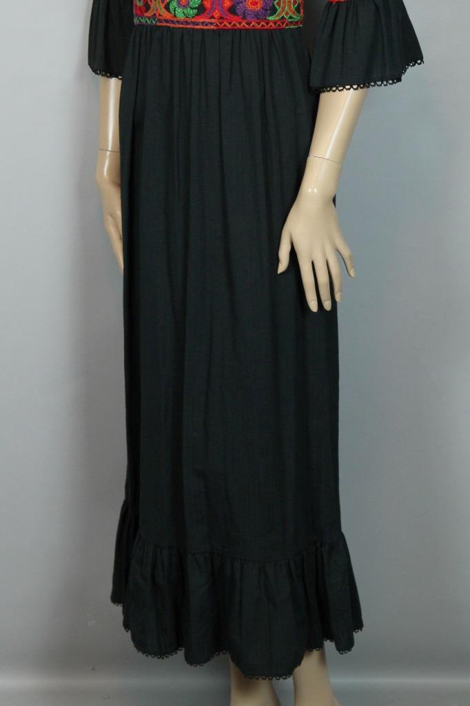 Vtg 70s RUTH NORMAN for GAY GIBSON Ethnic Embroidered Black Fit Flare Dress 9