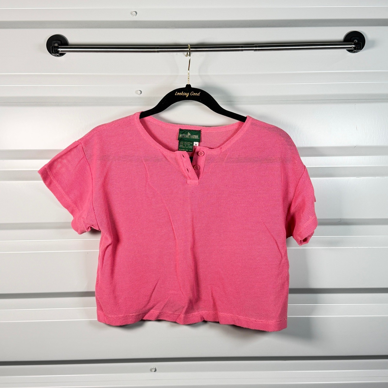 Boundary Waters Vintage Pink Mesh Henley Short Sleeve Boxy Crop Top Medium