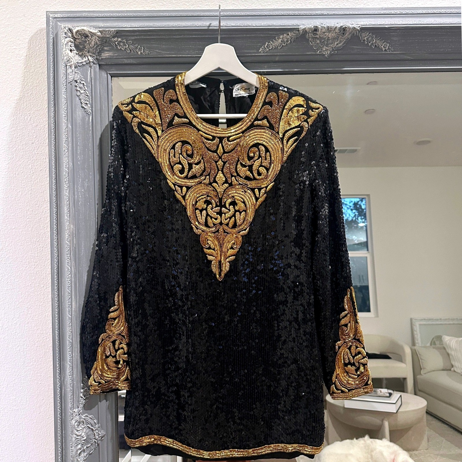 Vintage 80s 100% Silk Oleg Cassini Sequined Gold Beaded Embellished Boho Dress S