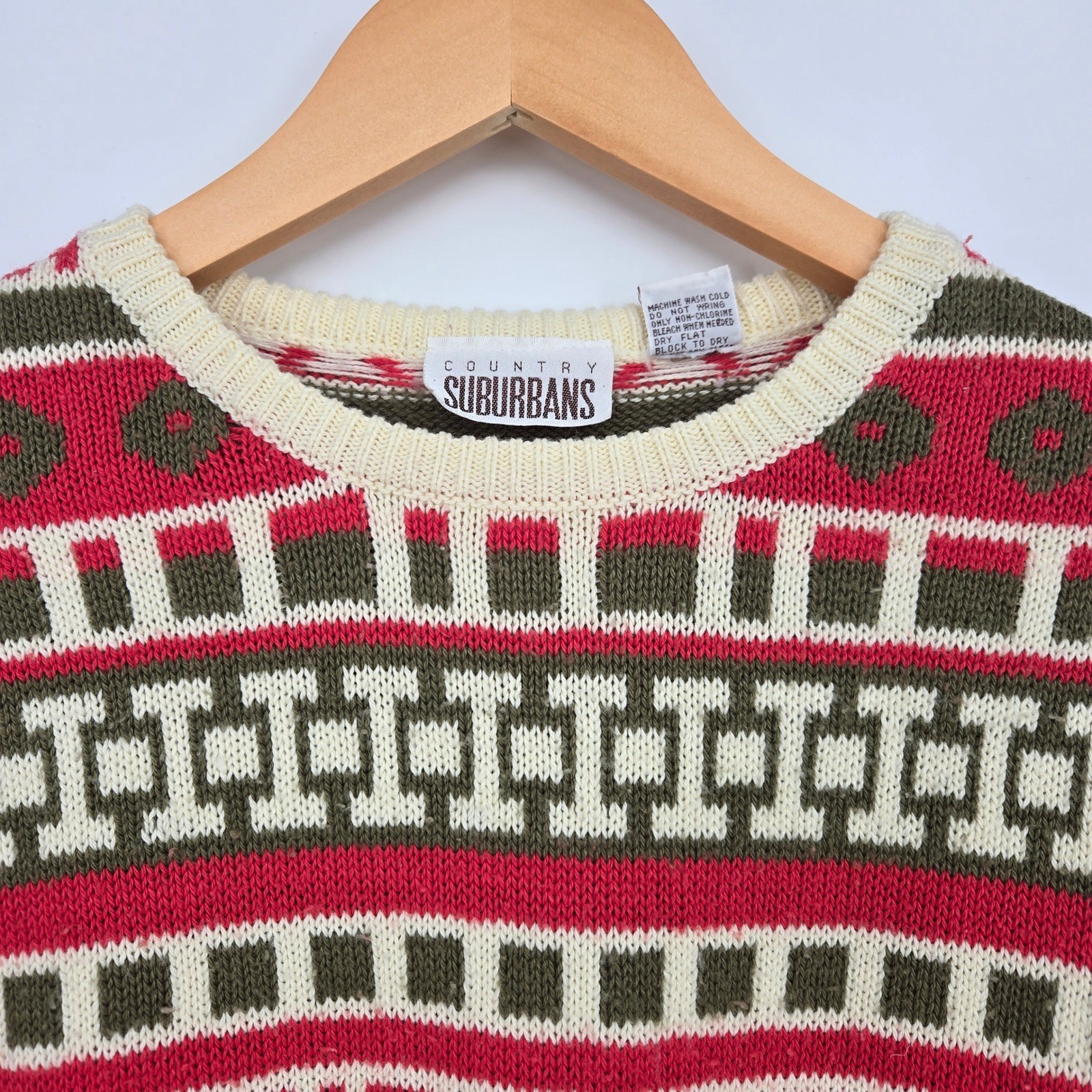 Vintage Geometric Pattern Knit Short Sleeve Sweater Red Green Cream Womens Large