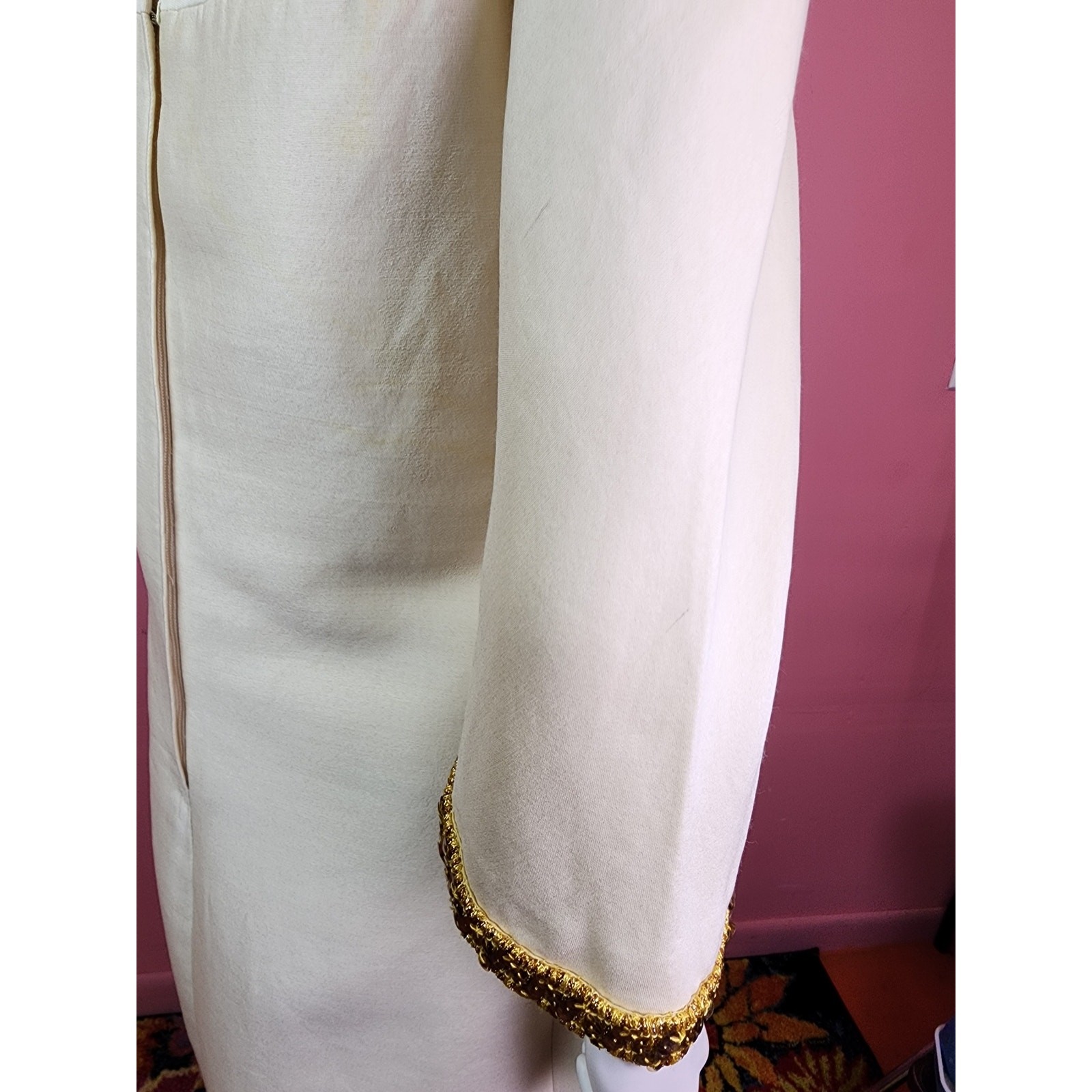 Vintage 1960’s Champagne Cream Gold Cord Trim Rhinestone Shift Dress I. Magnin