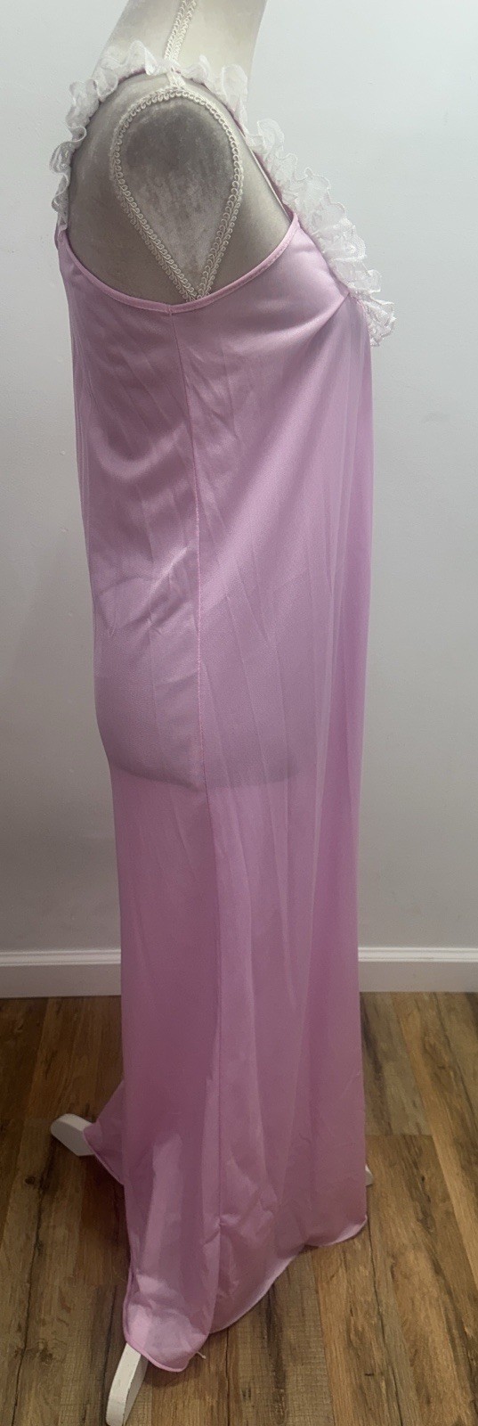 Vintage Spotlight Long Pink Lace Ruffle Nightgown Size Small Silky Nylon