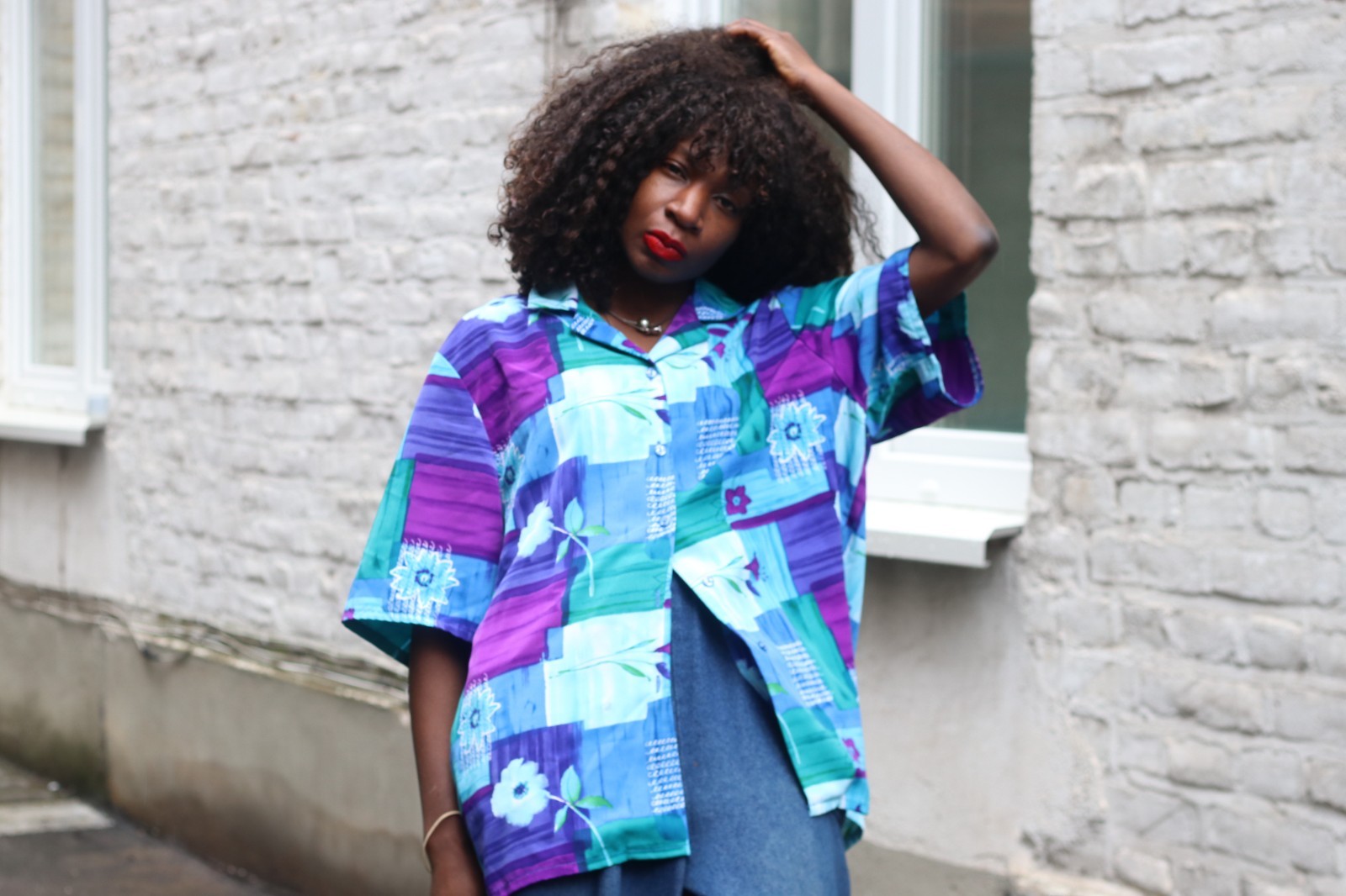 Vintage Blouse Abstract Pattern Blue Purple 90s Oversized Short Sleeve Shirt L