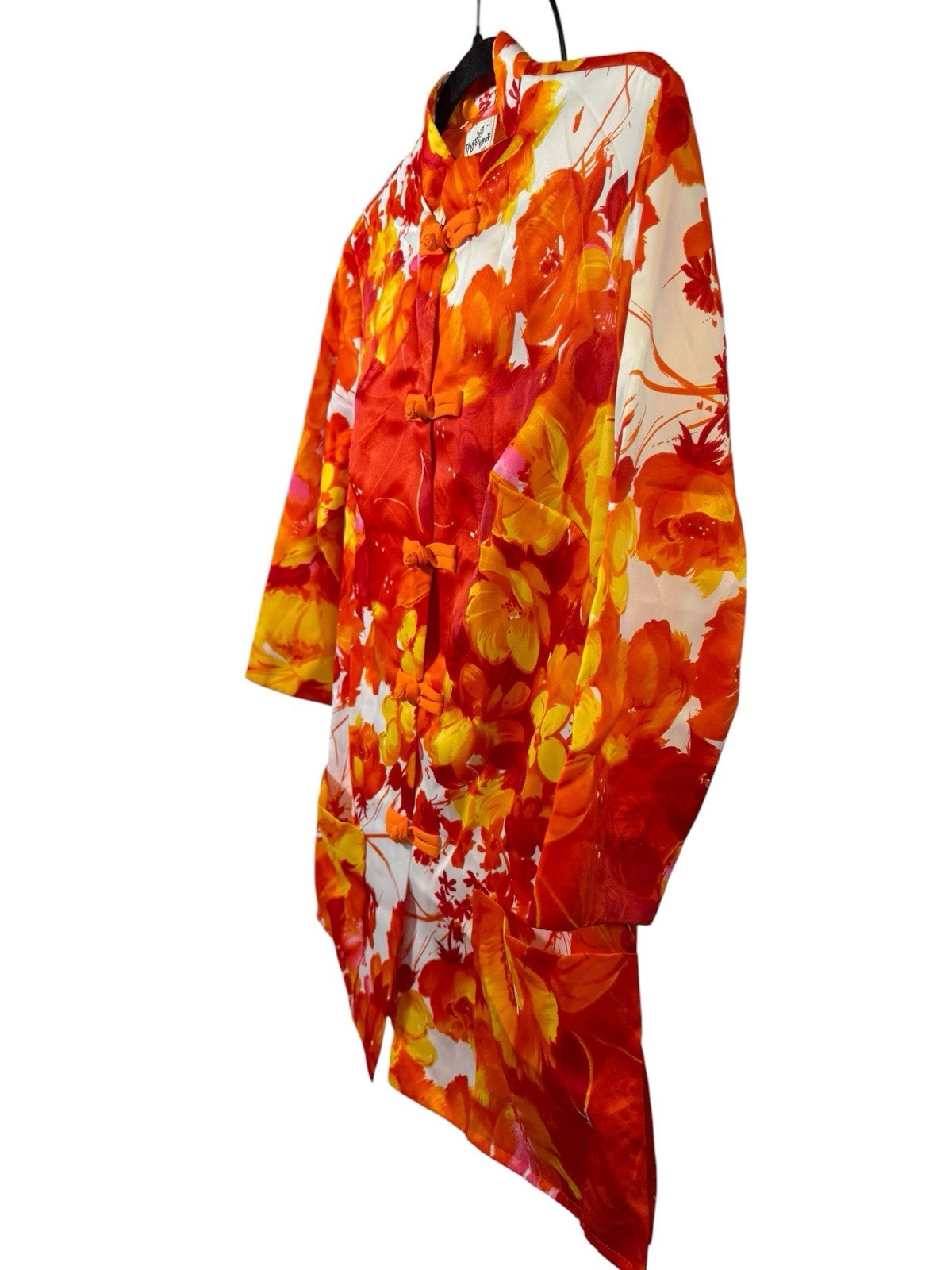 Vintage 60s Paradise Hawaii Tea Timer Mandarin Collar Blouse Frog Closure Flower