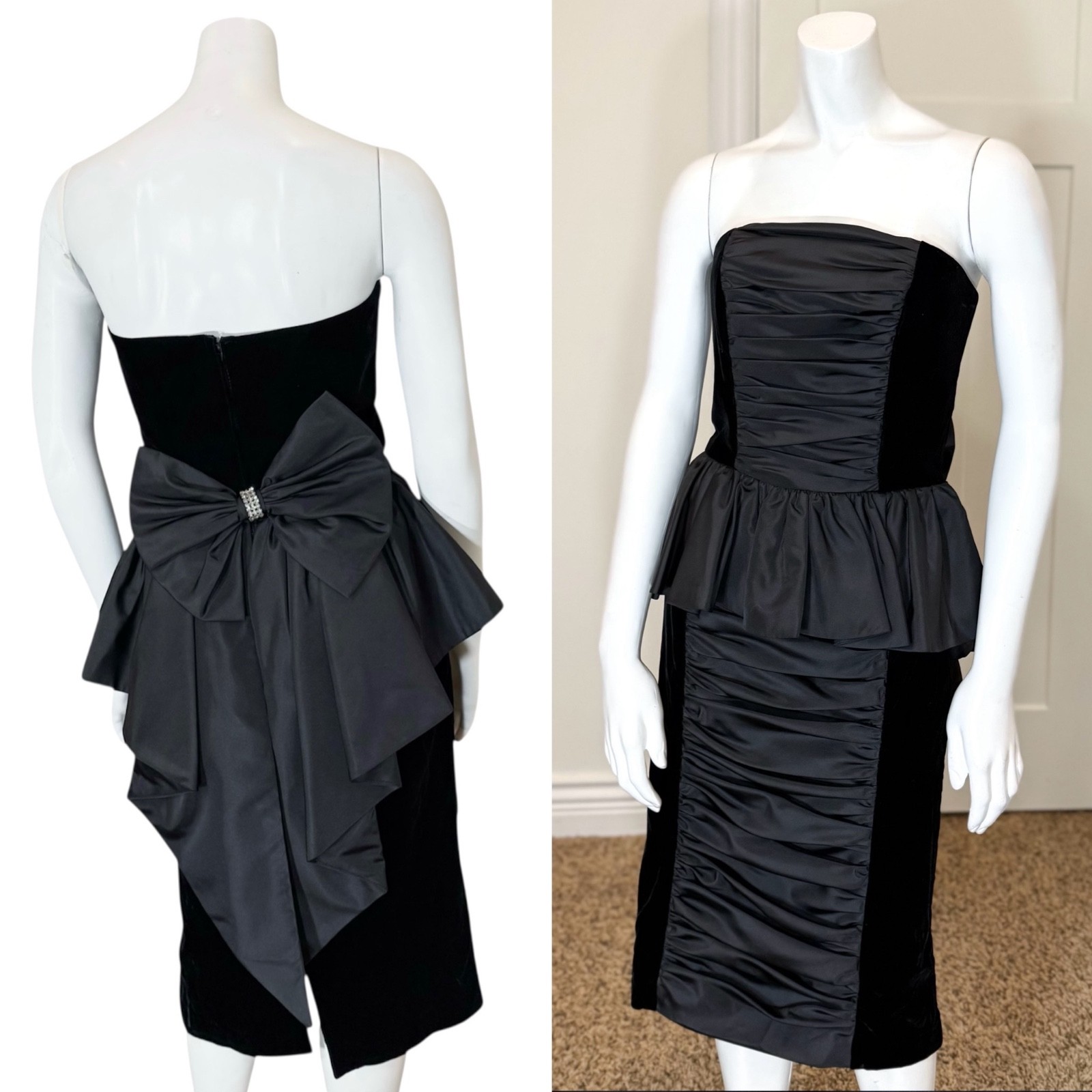 Vintage 80’s VELVET PARTY DRESS w RHINESTONE BOW S Ruched Strapless Boning Midi