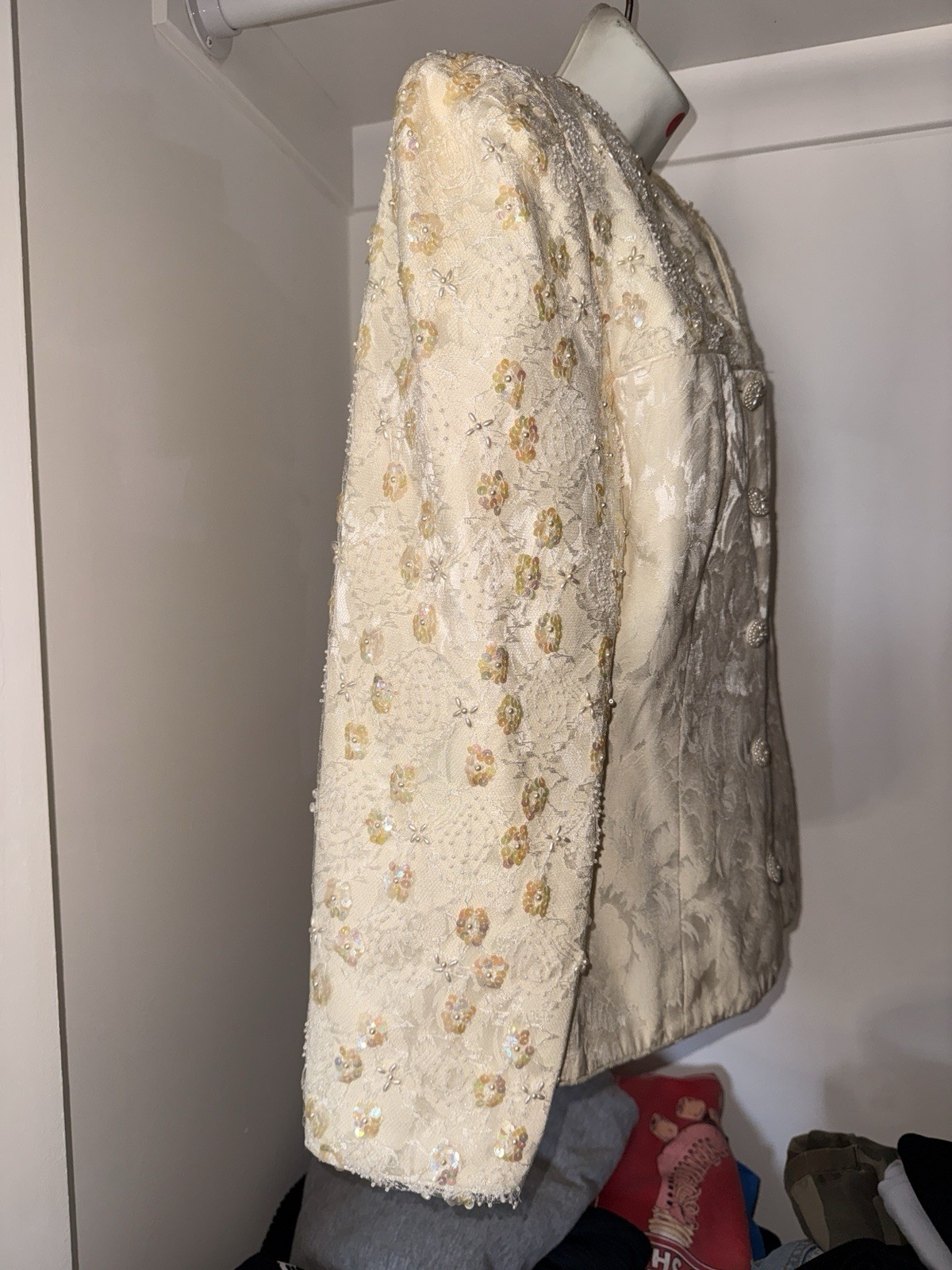 Vintage 1980s Karen Lawrence Ivory Brocade Beaded Sequin Blazer & Skirt Set XL