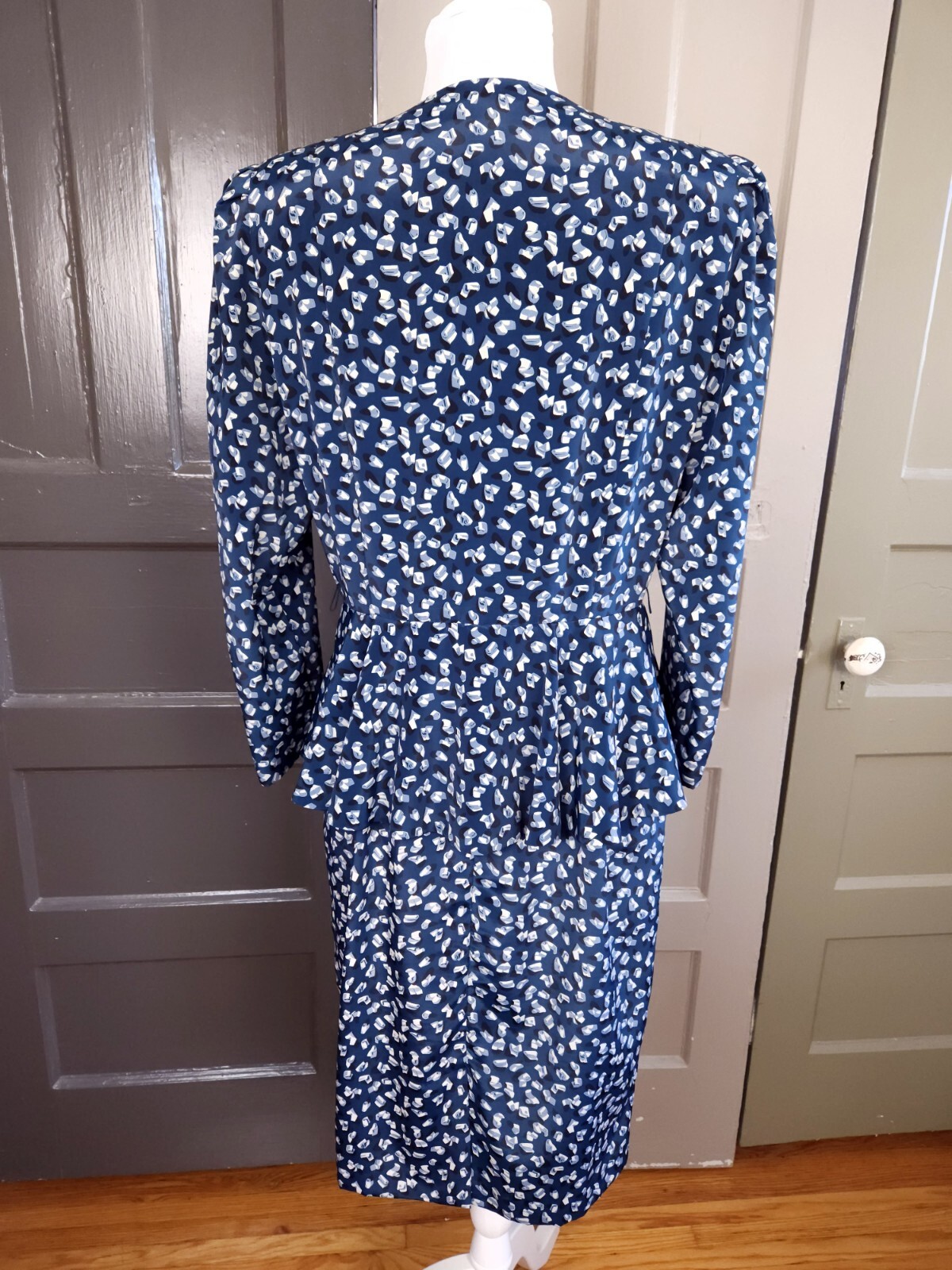 Liz Roberts Petites Vintage Marine Blue Abstract Peplum Dress 80s Women’s Medium