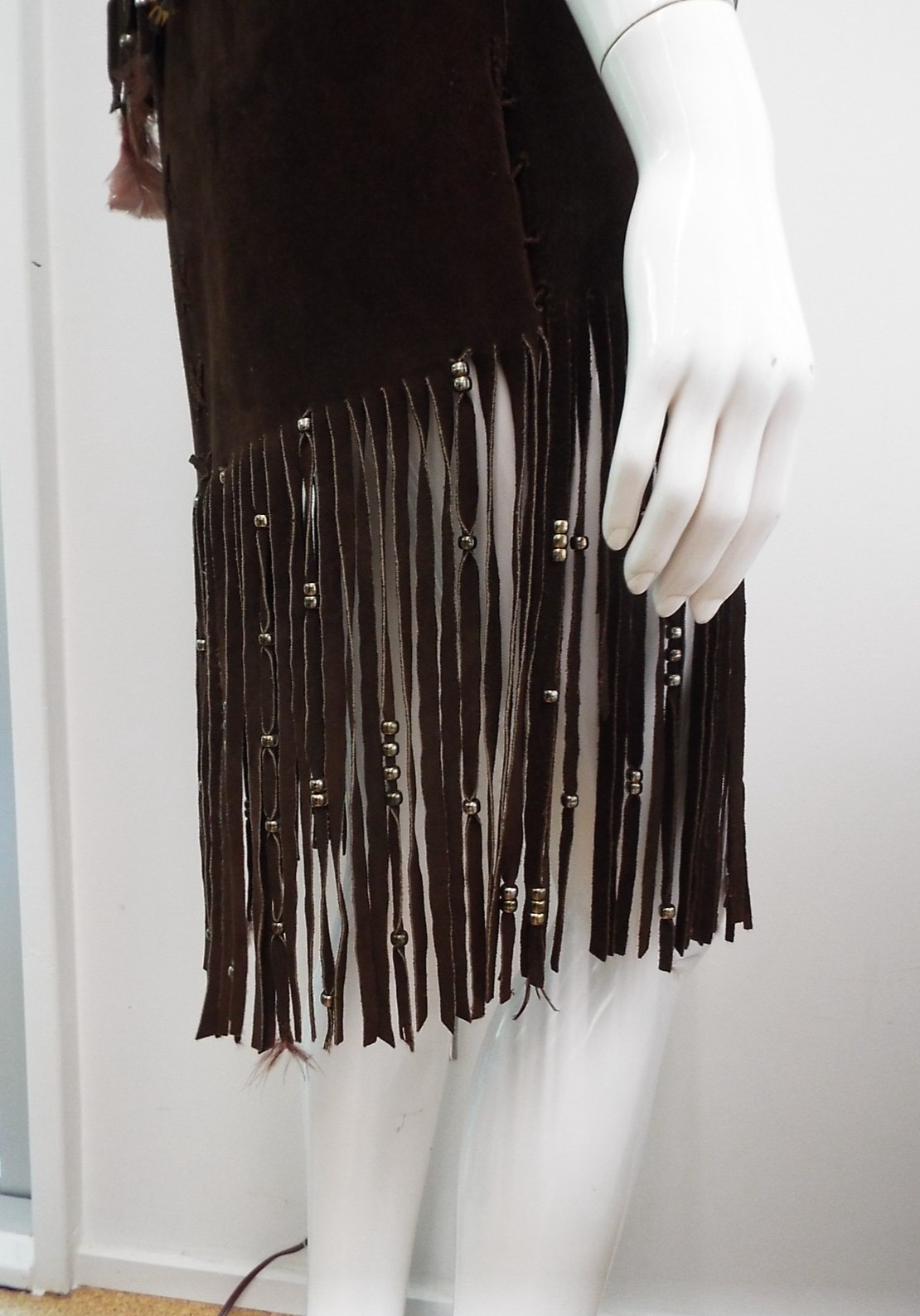 VTG 1970s Long Brown Suede Fringe Tunic Vest HIPPIE Feathers Beads Festival Boho