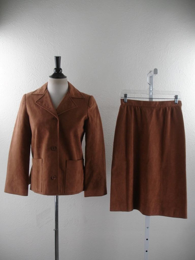 Women’s Vtg 1970’s 2-Pc Samuel Robert Skirt sz 10 Suit Brown Ultrasuede Blazer 8