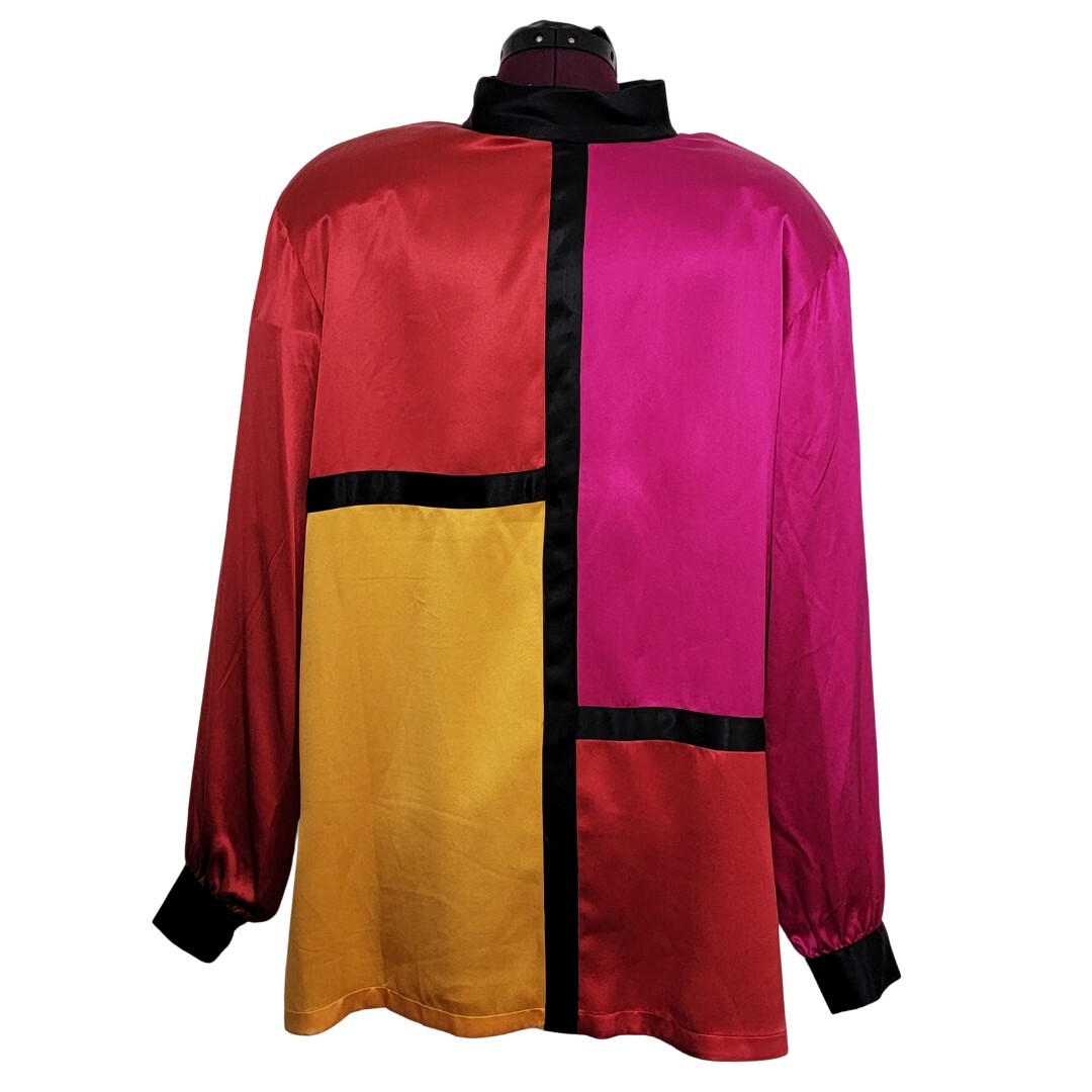 Carlisle Multi-Colored Silk Mondrain Block Blouse Vtg Y2K Shoulder Pads Women 12