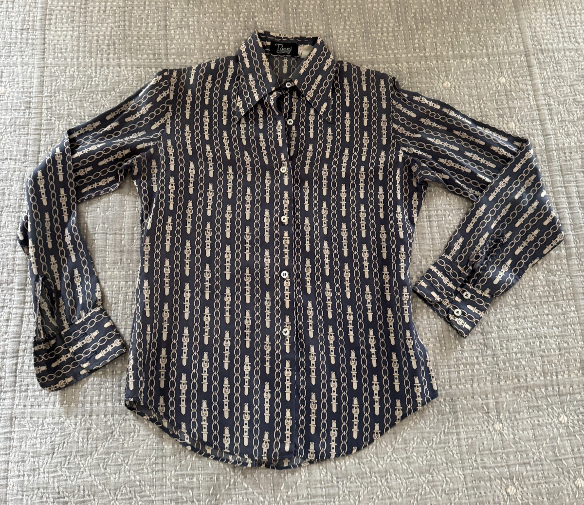 Vintage Tucci Blouse Sz 9/10 Women S/M Mint Gray Buckles Belts Chains Point Coll