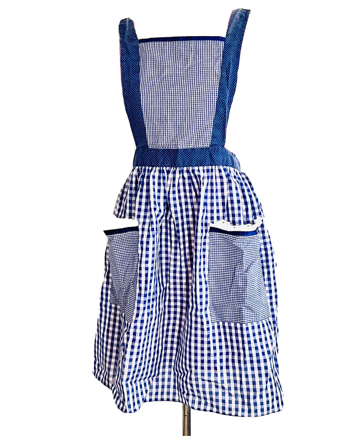 Vintage 60s Blue Plaid House Wife Belted Apron Dress Size S/M