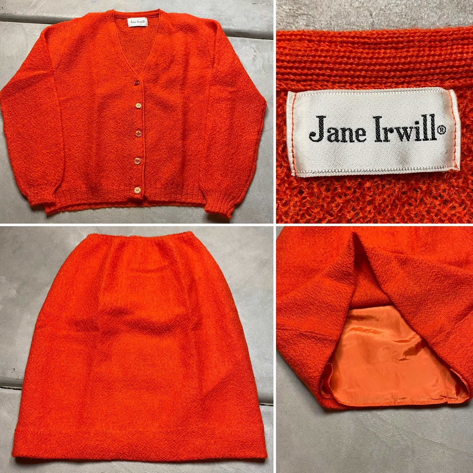 Vintage 60s Mohair Cardigan Sweater Skirt Set Medium Orange NOS Grunge A Line