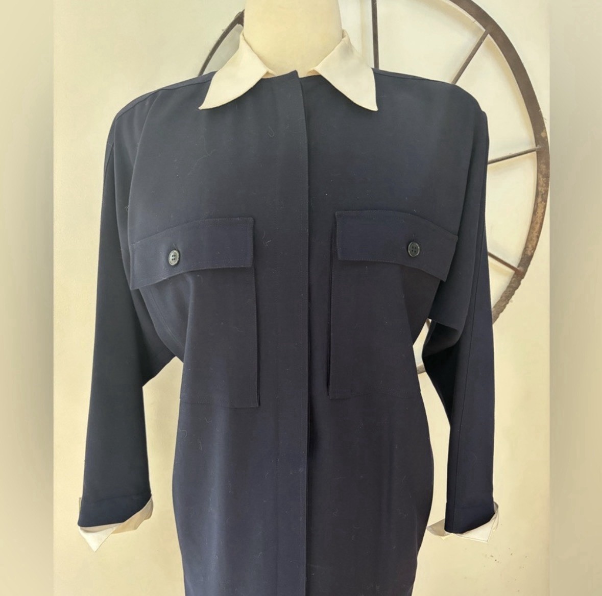 GUCCI 1980s vintage button front navy blue collared wool shirt dress 38 US 2