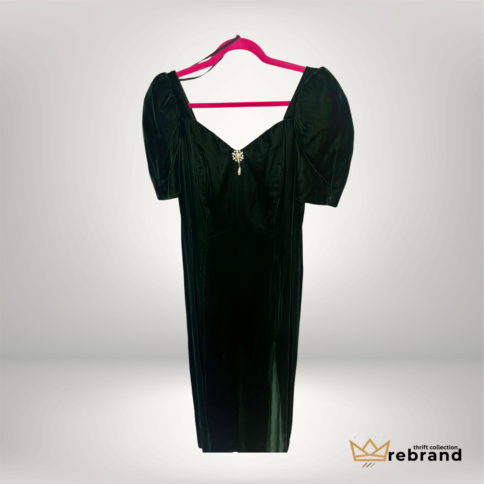 Vintage Green Velvet Dress Womens 13/14 Pearl Brooch Nu Mode Canada Evening