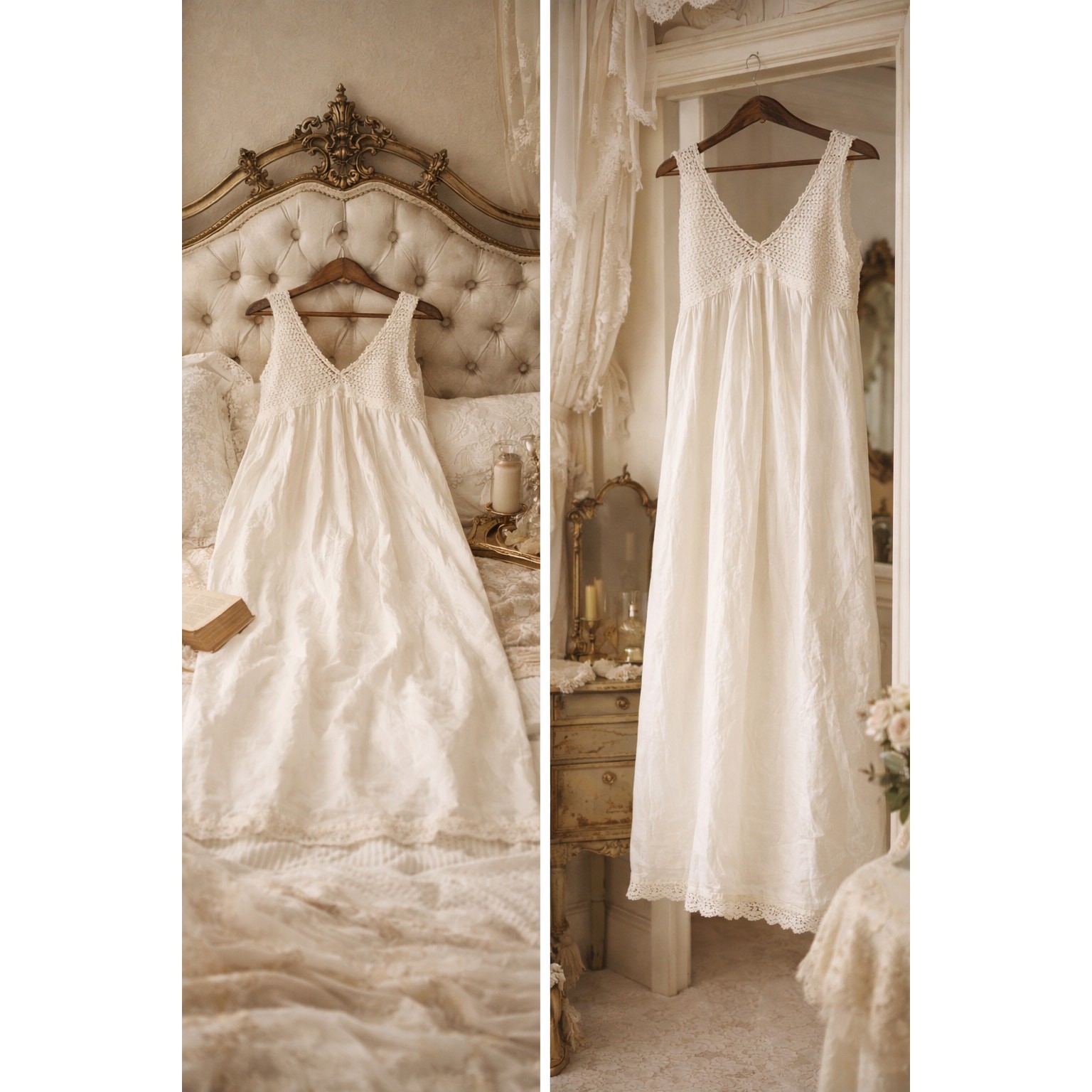 VTG Edwardian White Cotton Nightgown Crochet Yoke Prairie Romantic 1900s M