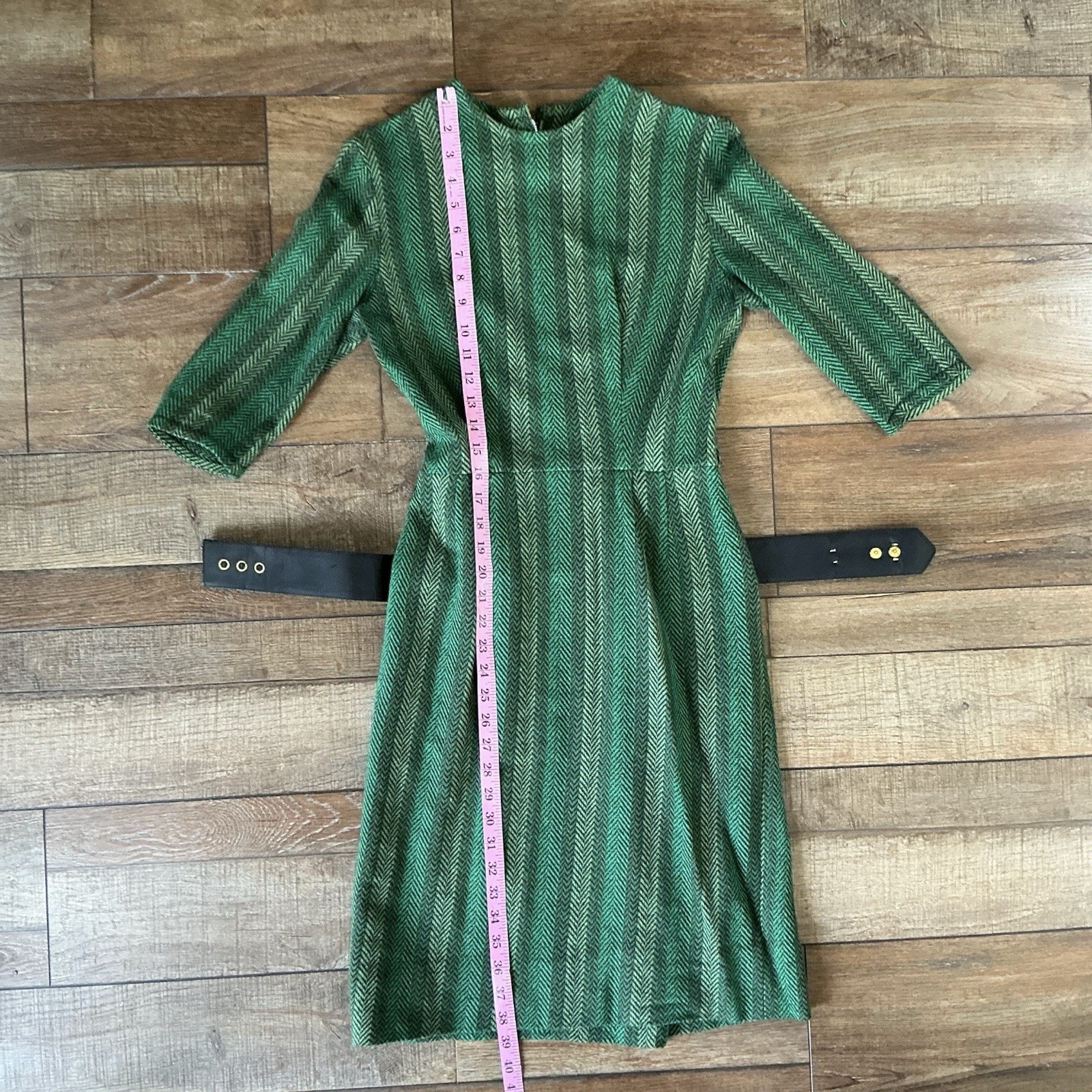 60s VINTAGE Jinky Jr Green Herringbone Wool Blend Midi Dress Size 11 Belt #15D4