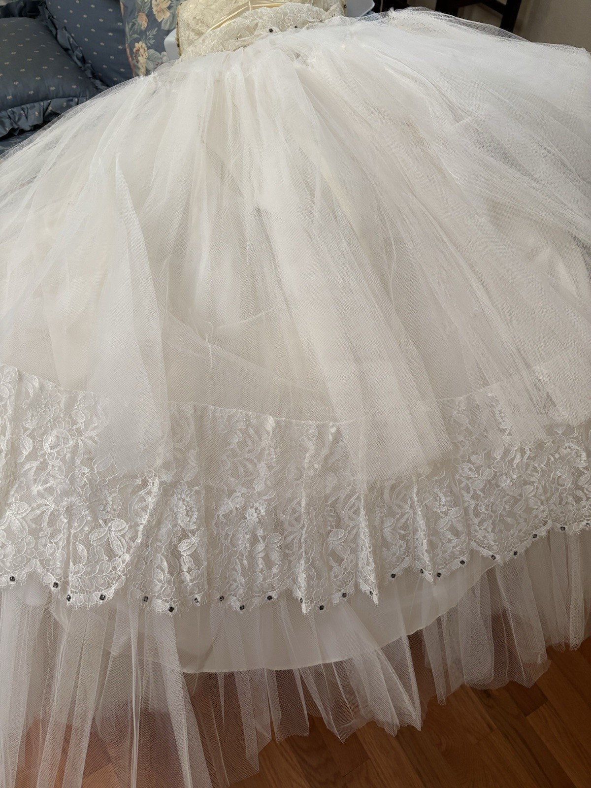 Vtg 1950s Ivory Lace Tulle Bridal Prom Dress Wedding Gown Petticoat Rhinestones