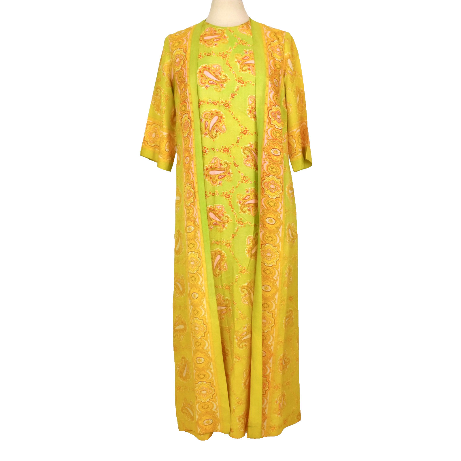 Vtg 60-70s Yellow Lime Green Silky Dress Hostess Gown Caftan S Franklin Simon