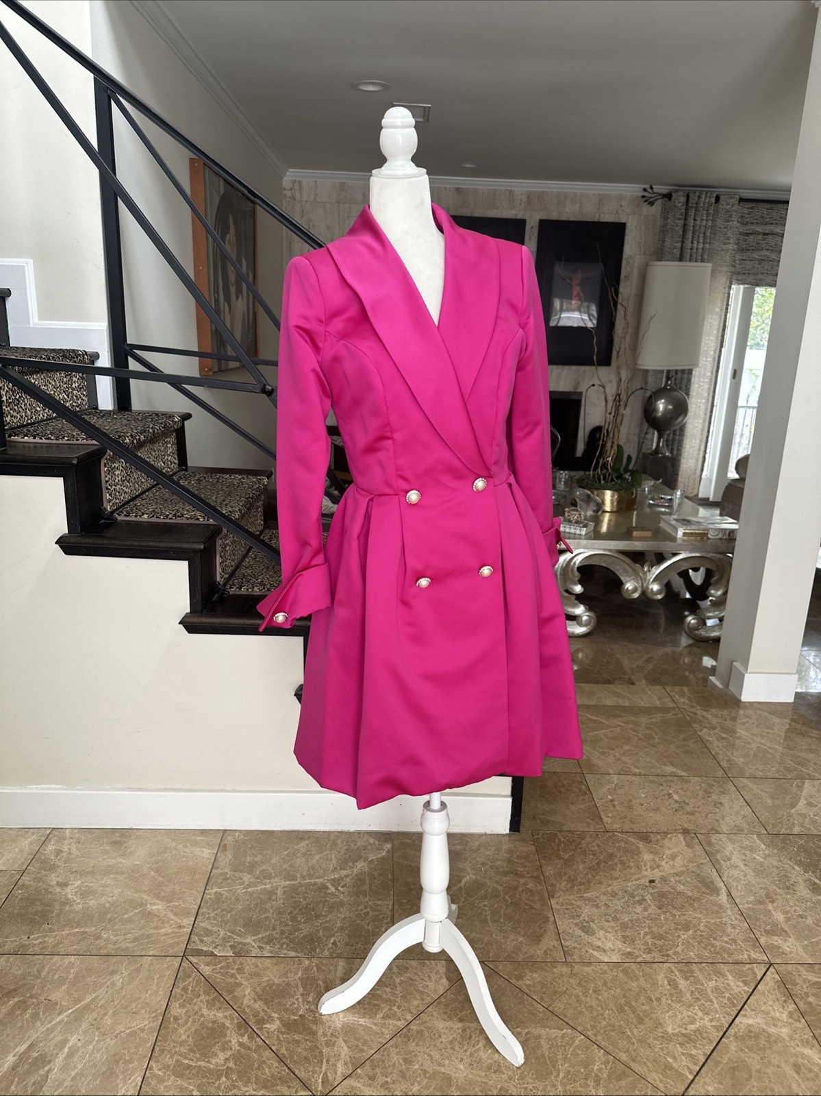 Victor Costa 80s Gorgeous Hot Pink Stiff Satin Tuxedo Coat Dress Fits A 6