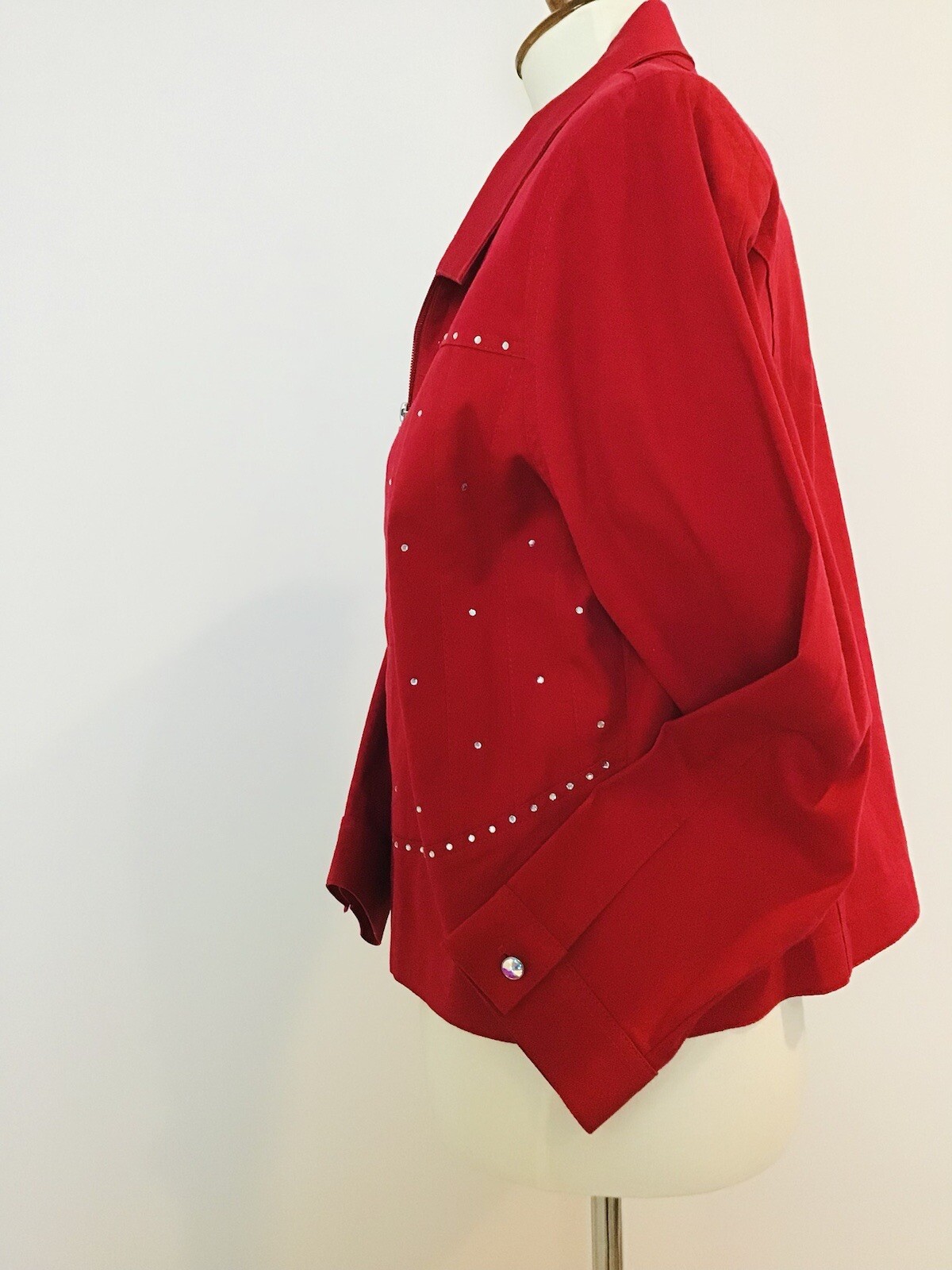 Rhinestone Red Jacket Vtg Mili Designs Zip Up Bling Buttons Cotton Shoulder Pads