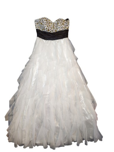 Vintage Y2K Maxi Prom Dress White Cascade Ruffle Strapless Gown 7/8