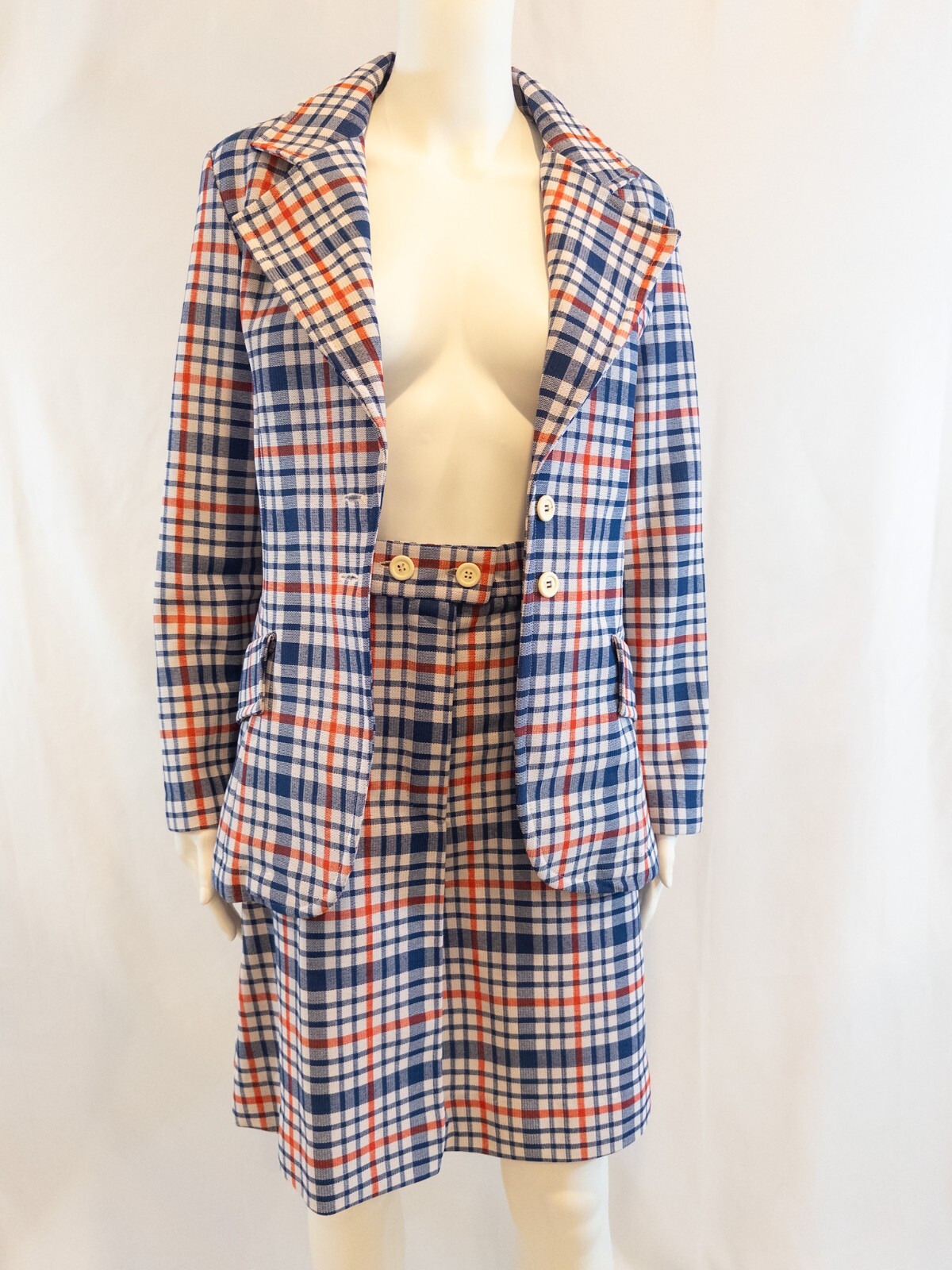 1970s Plaid Double Knit Women’s Skirt Suit by KNIT-INS size 9-10 Red,White,Blue