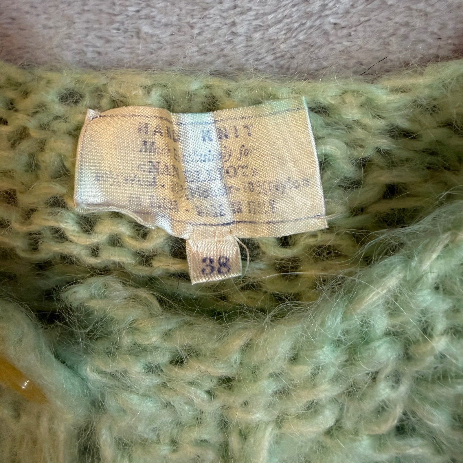 Nan Elliot Vintage Hand Knit Mohair Cardigan Shaggy Green Cable Knit Italy 38