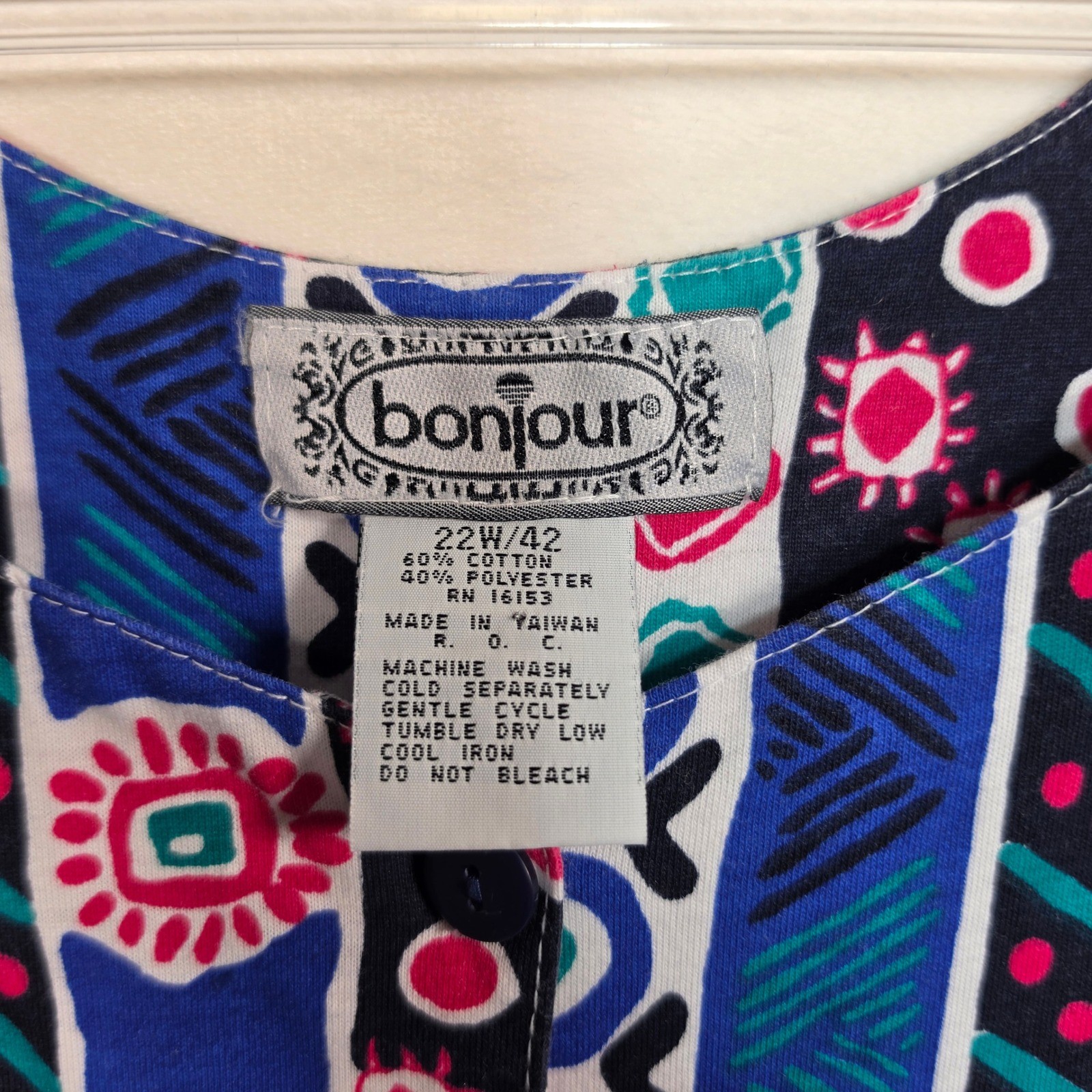 Vintage 90s Bonjour Romper Womens 22W Blue Geometric Boho Festival Y2K Kidcore