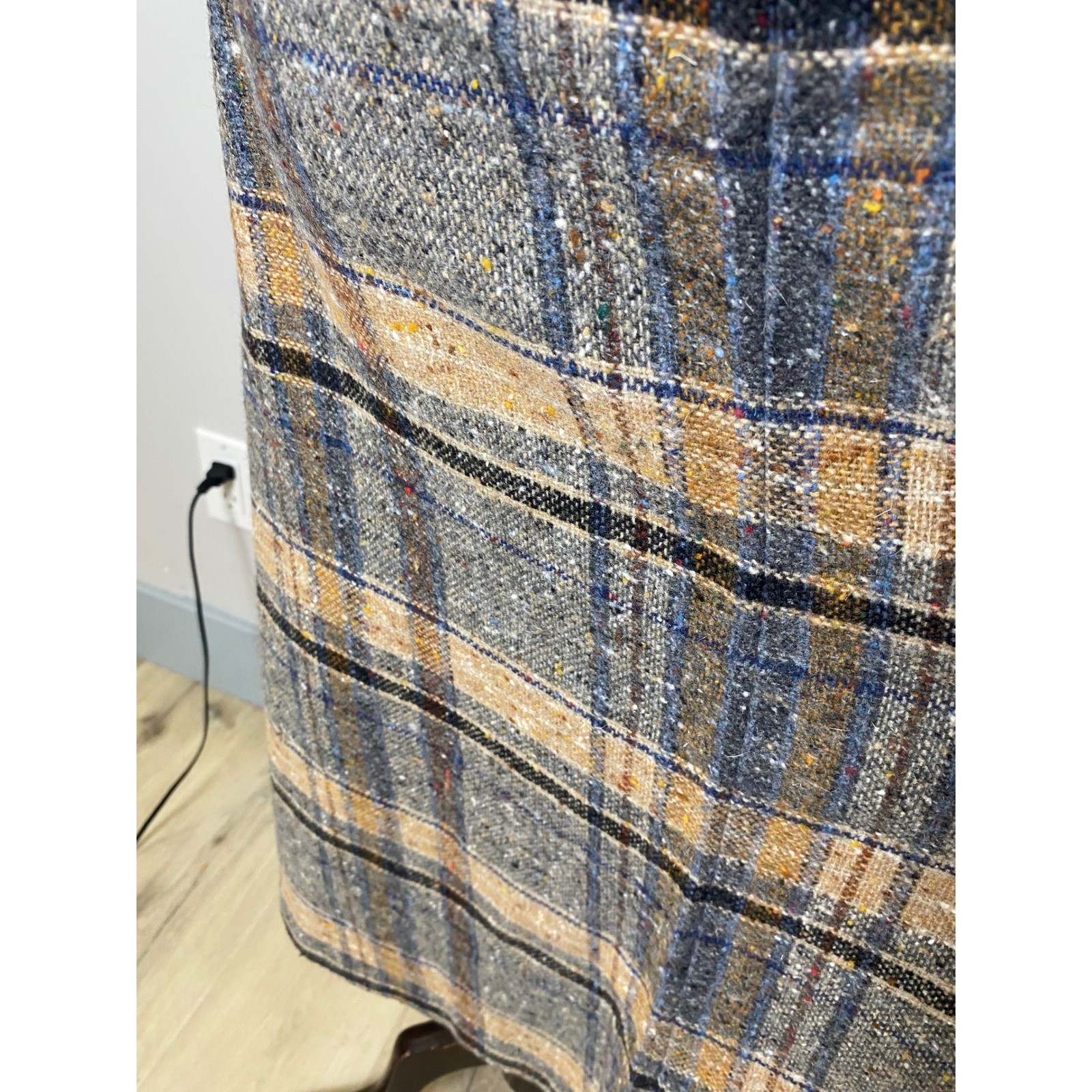 Vintage 70s Plaid Tweed Midi Skirt Womens 16 Tan Grey Multi Color Made in USA