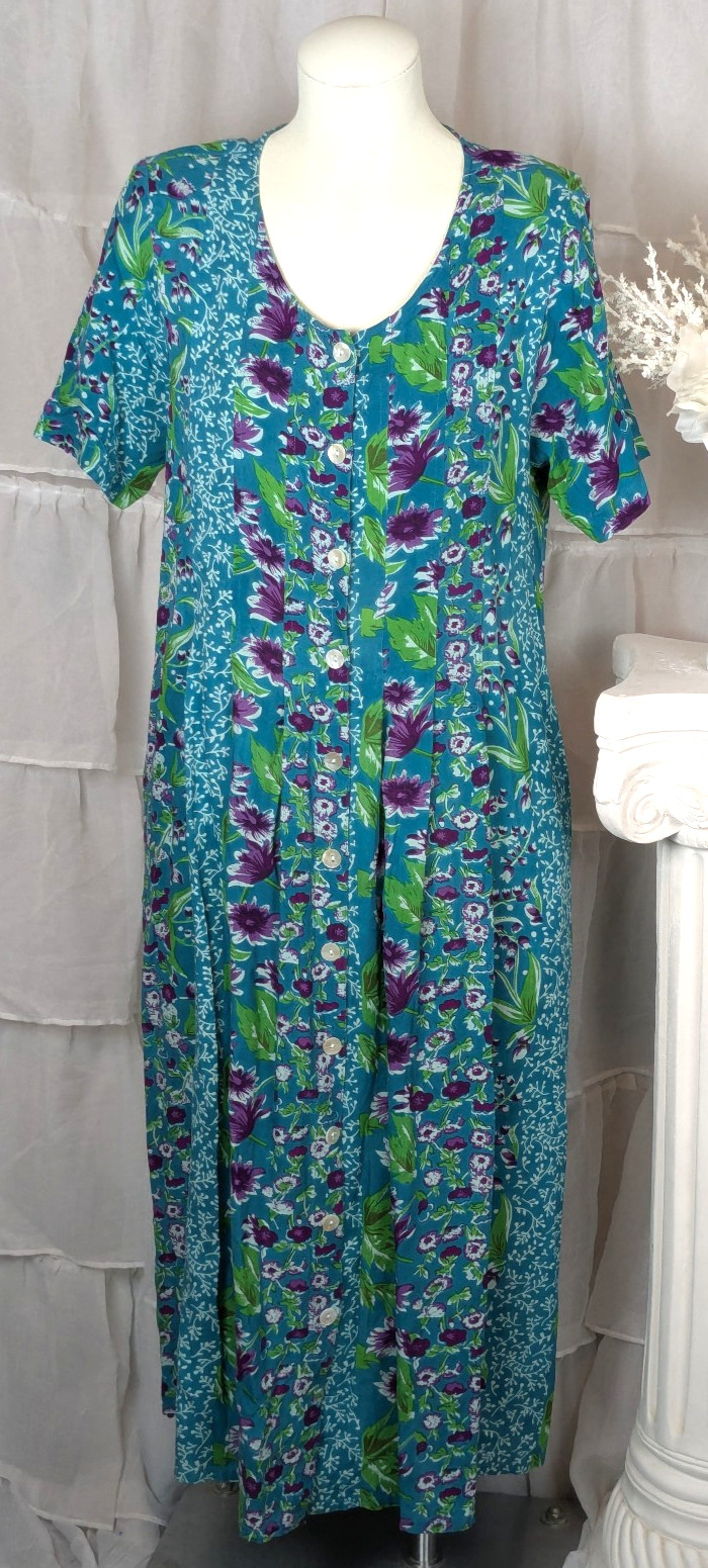 LA Cera VTG Teal Purple Floral Button Front Pockets Padded Shoulder Midi Dress L