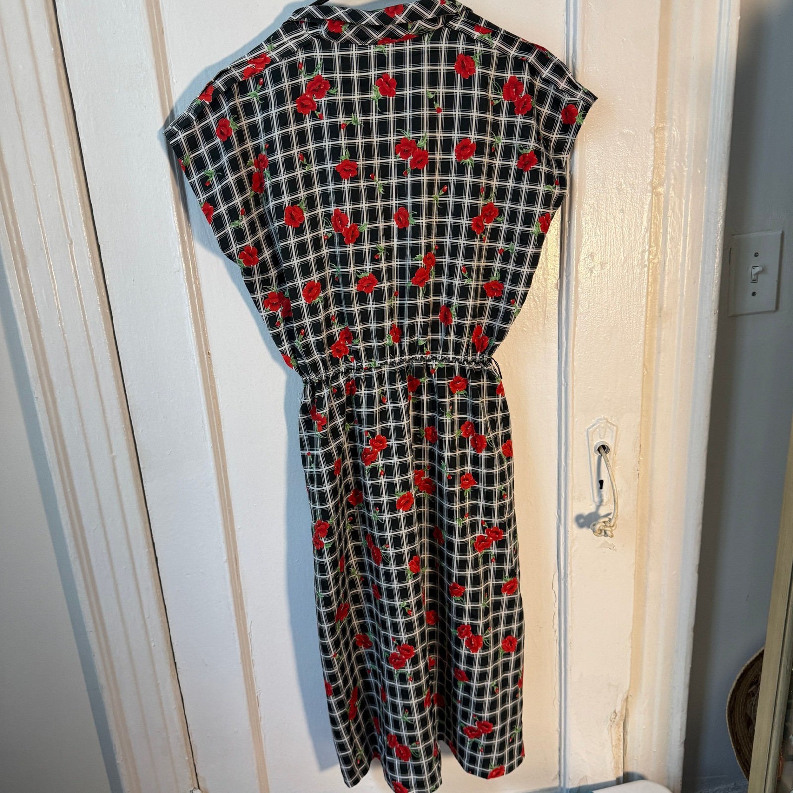 Vtg 1970s Sears The Fashion Place Plaid Poppy Floral Midi Black Red Maximalist