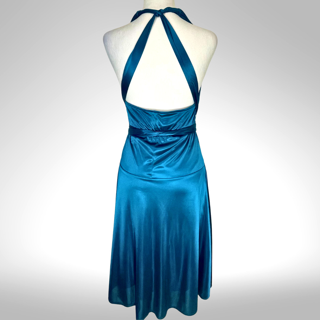 Blue Satin Halter Cocktail Dress Convertible Wrap Y2K Frederick’s Hollywood S/M