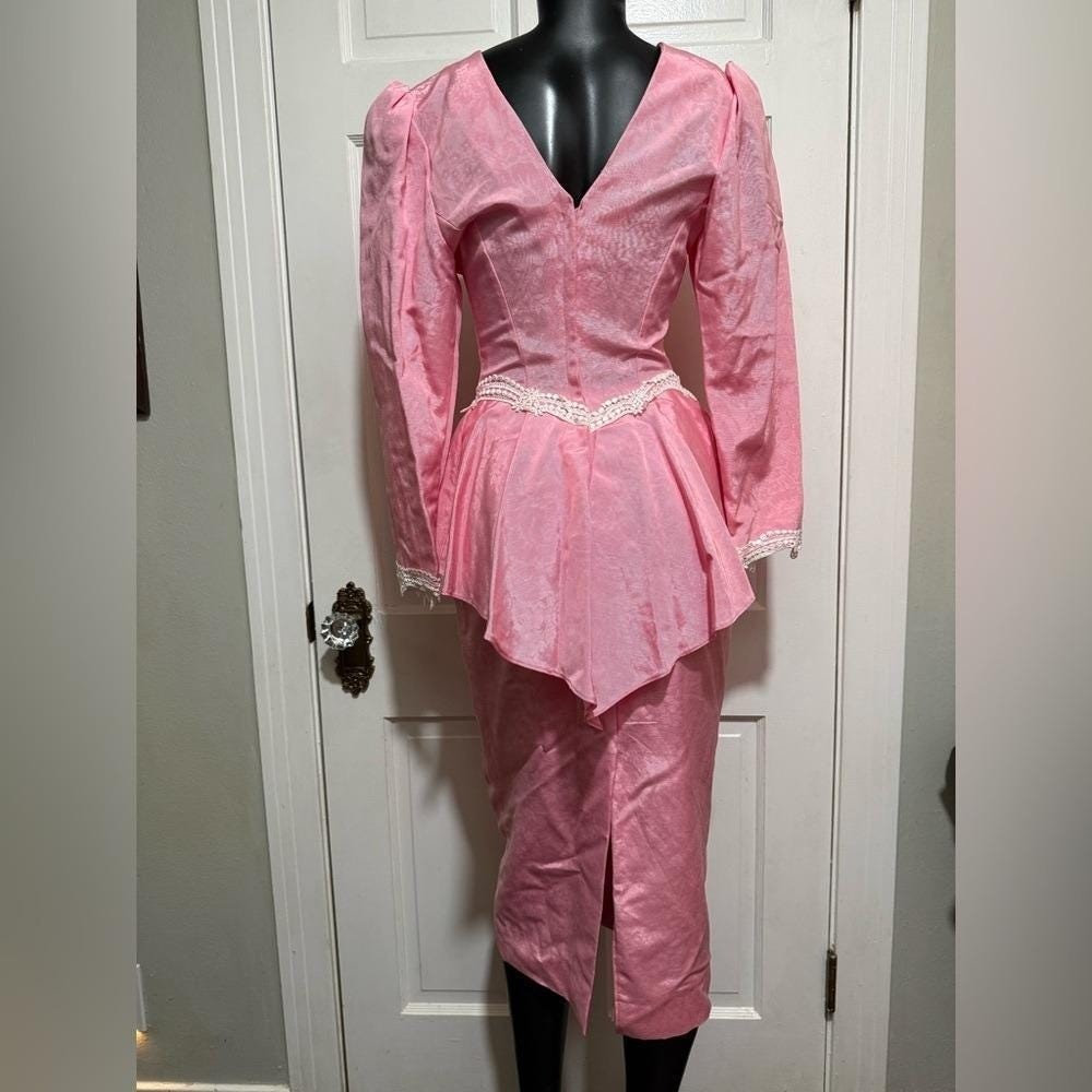 Vintage Pink Lace Womens 1980s 1990s Dress Long Sleeve
