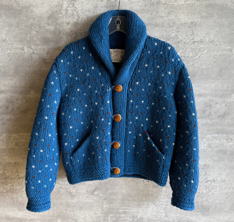 Vintage Angela Campos de Morris Blue Wool Birdseye Heart Fisheye Cardigan Size S