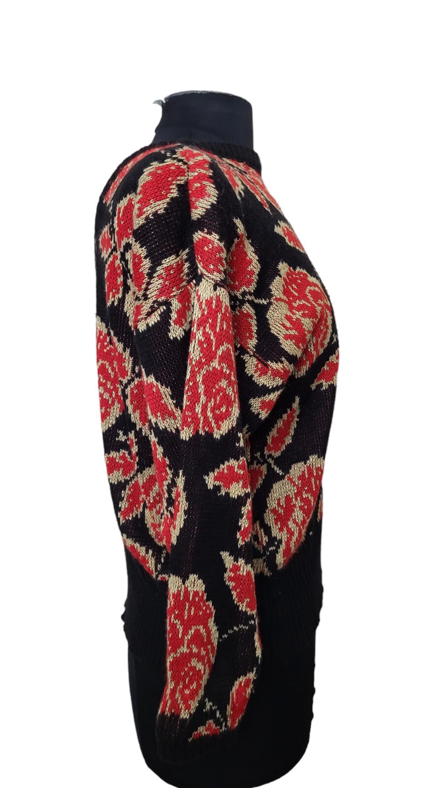 Vintage 80’s Sunshine Starshine Acrylic Sweater Red Roses Black Gold USA Size M