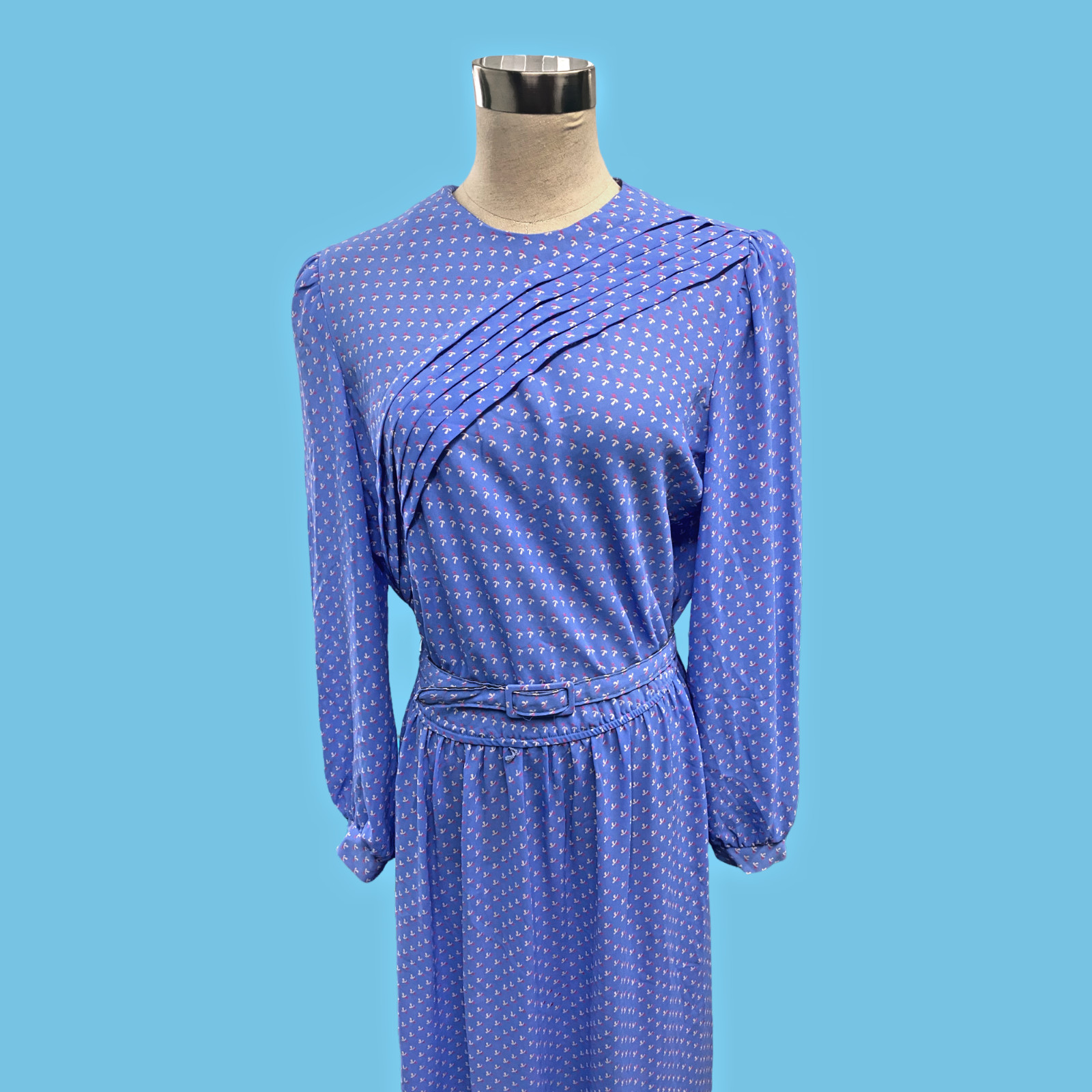 Vintage 70’s Lady Carol Of New York Blue Floral Pattern Secretarial Dress Large
