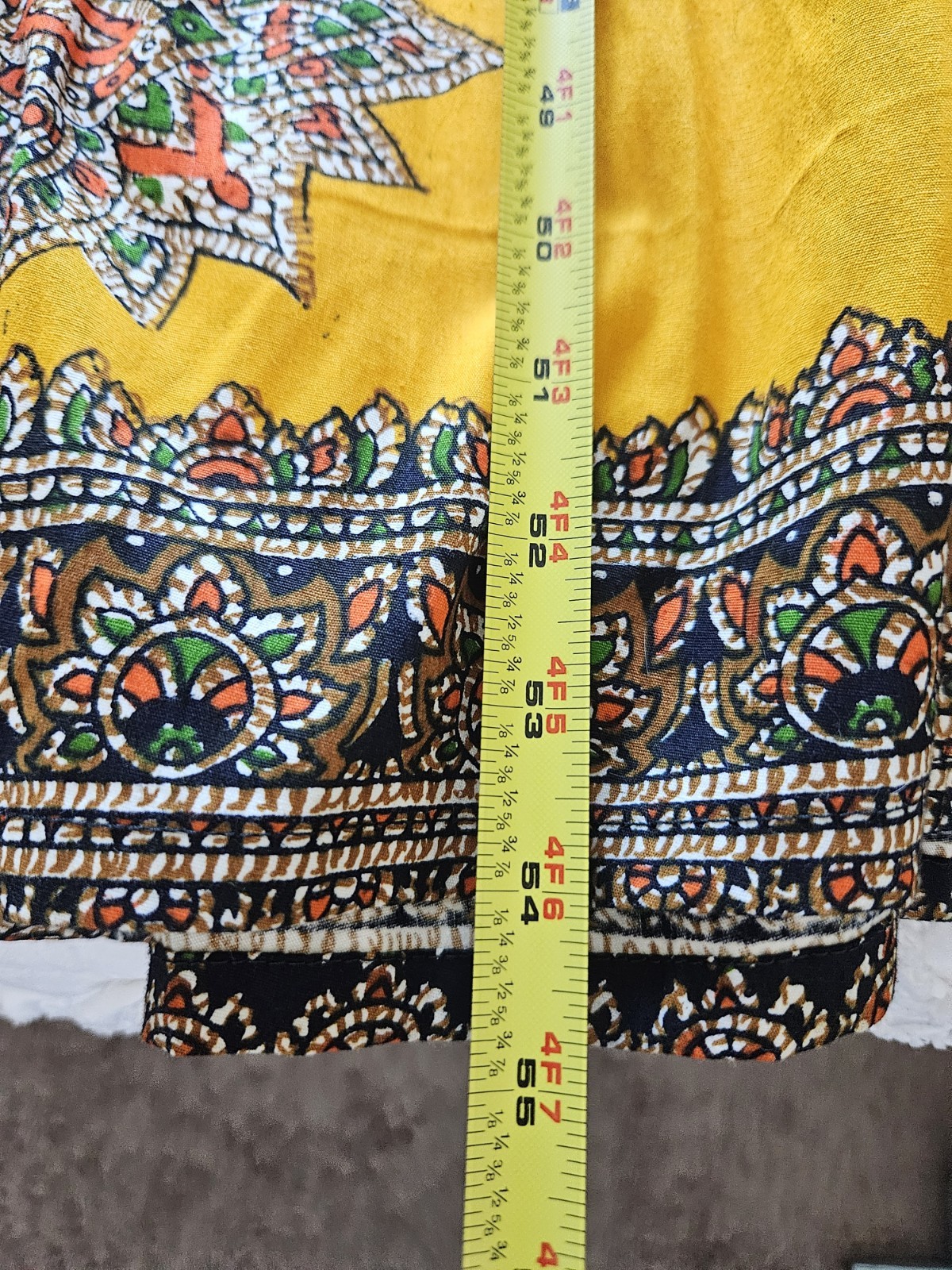 Vtg Thai Cotton Vibrant Yellow Printed Ethnic Asian Maxi Dress Kaftan XS