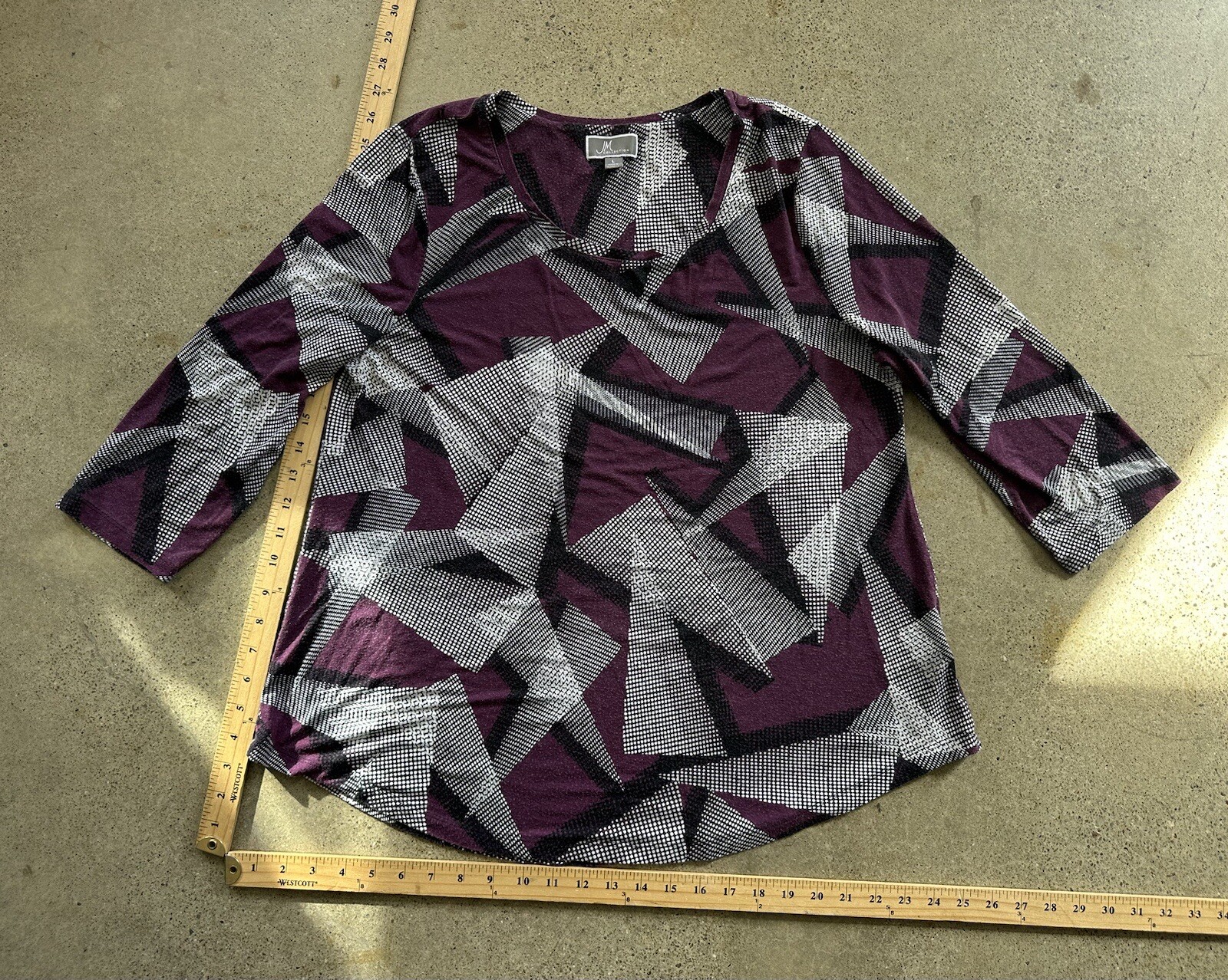 Vintage JM Collection White Purple Rayon Blend Geometric Triangle Shirt Size L