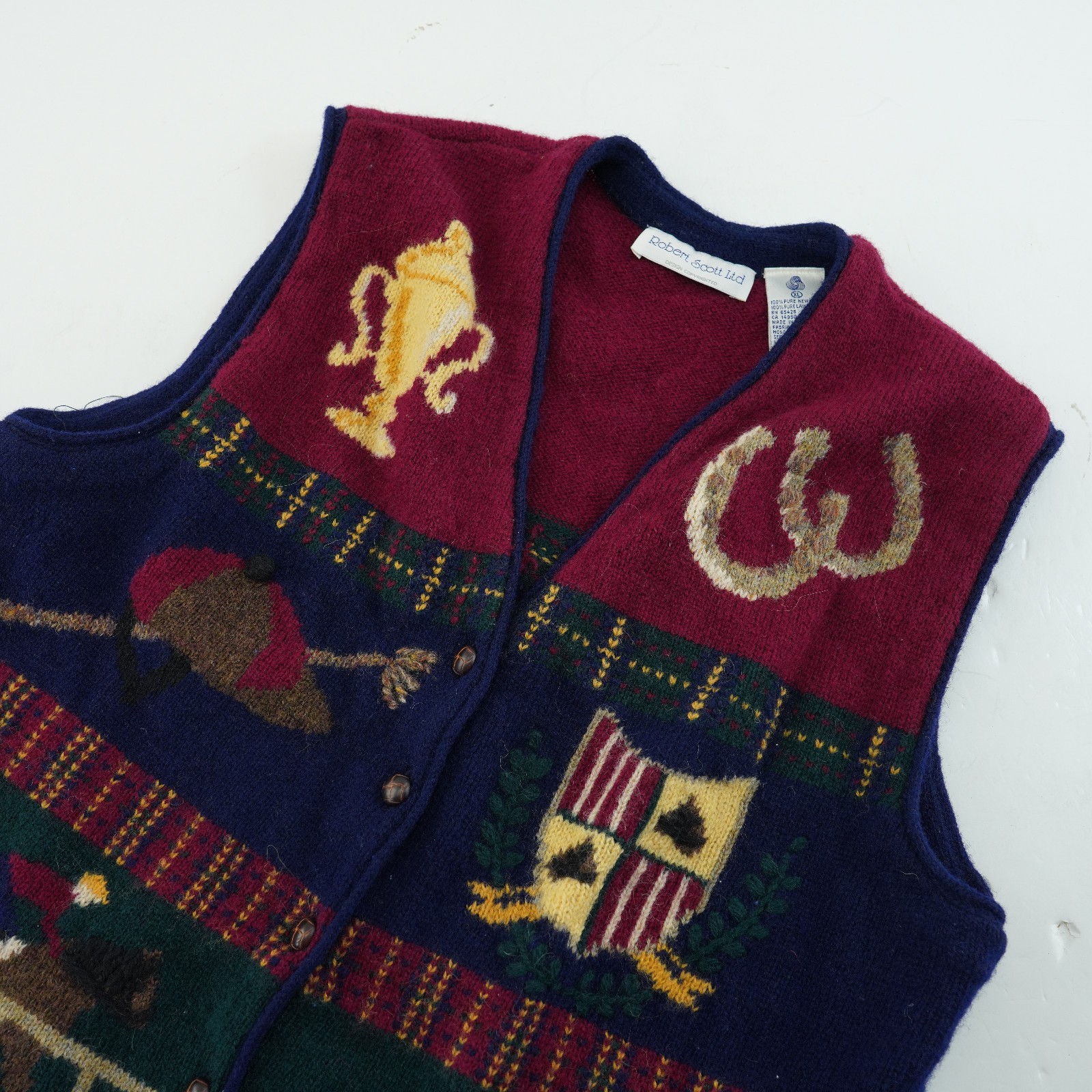 Robert Scott Ltd Vintage Sweater Vest women’s XL Hand Knit HORSE RACE equestrian