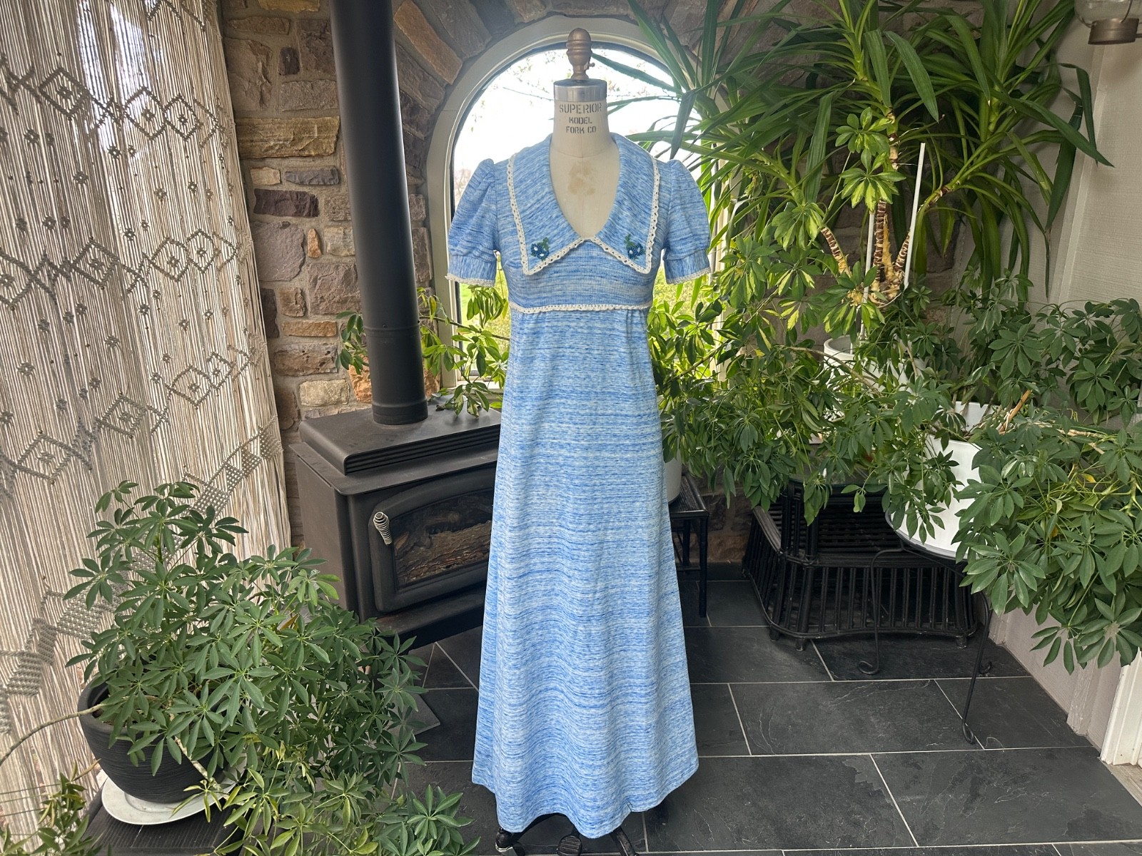 Vintage 1970s Blue and White Variegated Knit and Lace Baby Doll Maxi Dress