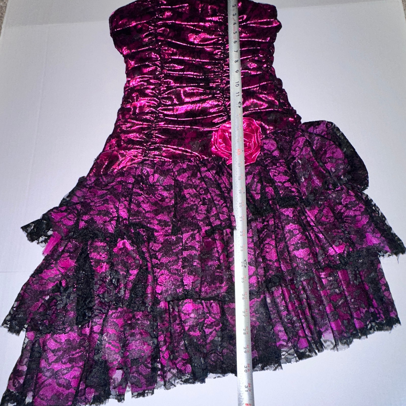 VTG Night Moves Prom Dress Sz 5/6 Fuchsia Pink Metallic Black Lace asymmetrical