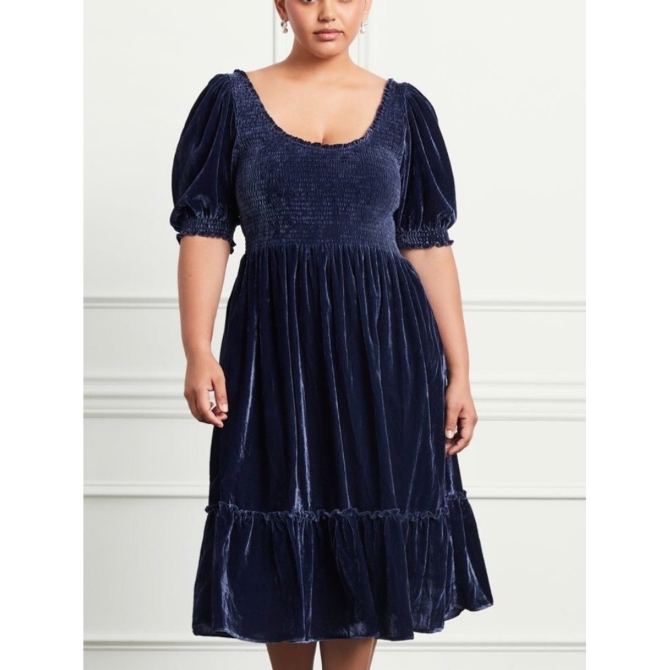 Hill House Home blue velvet Louisa Nap Dress smocked bodice puff sleeves
