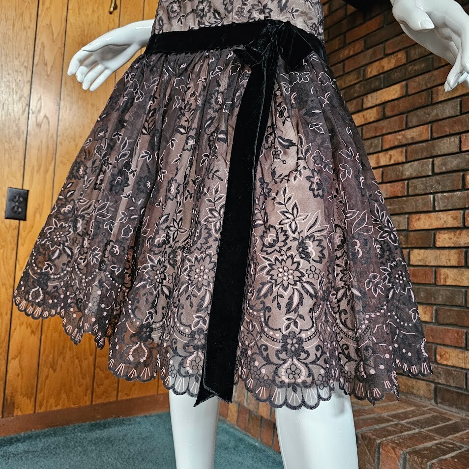 Vtg 50s Flocked Illusion Pink & Black Drop Waist Bubble Prom Cocktail Dress S/M