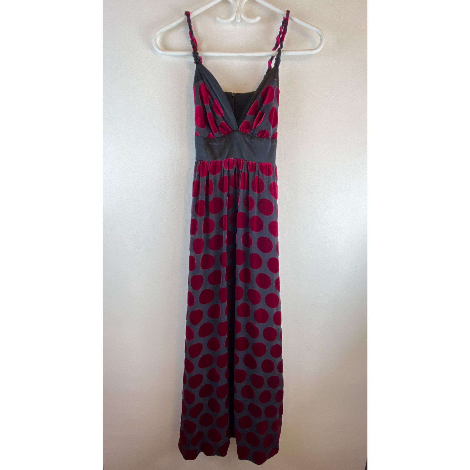 Voom Joy Han 90s Y2K Silk Velvet Polka Dot Maxi Dress XS Pink Fuchsia Black Goth