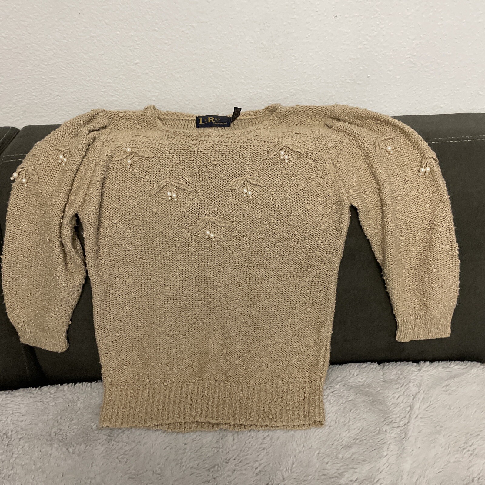 Le Roy Knitwear Vtg 60s With Faux Pearl Sweater Blouse Brown Sz S/M