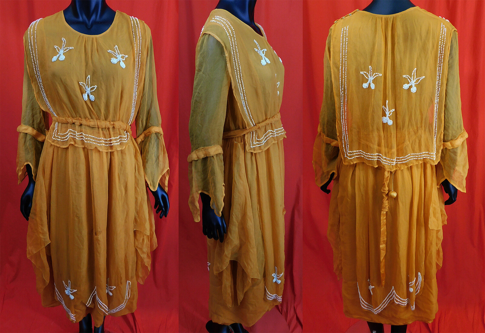 Vintage Orange Silk Chiffon White Beaded Cherries Handkerchief Hem Tabard Dress